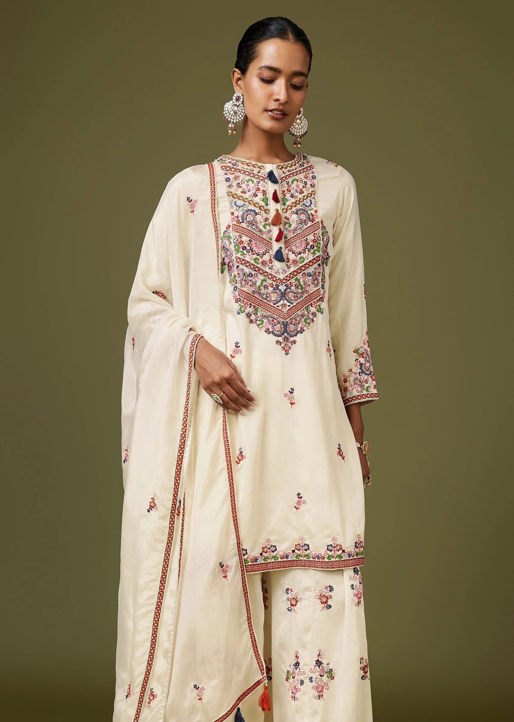White Thread And Moti Work Palazzo Set - Image 4