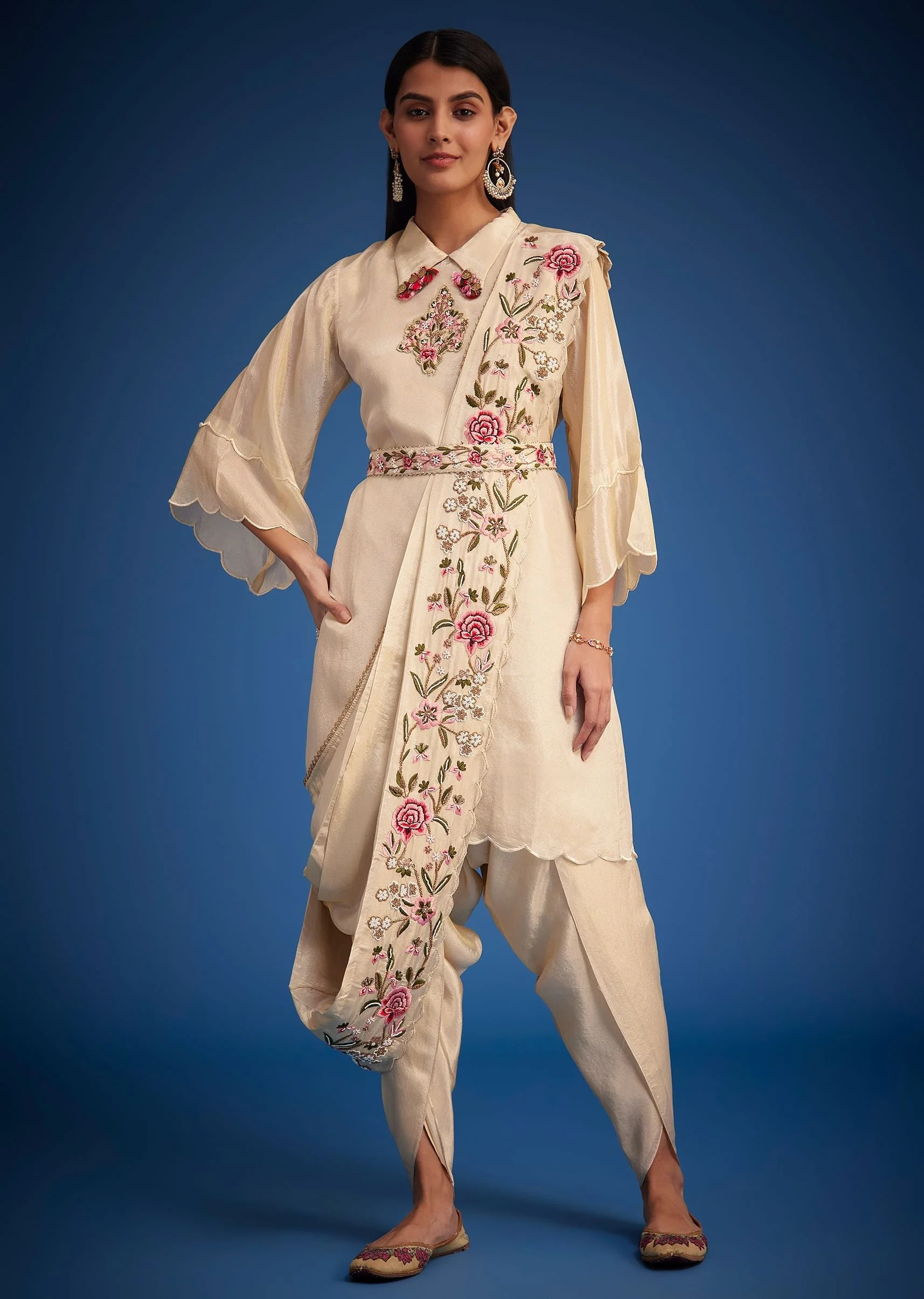 White Tissue Embroidered Dhoti Set