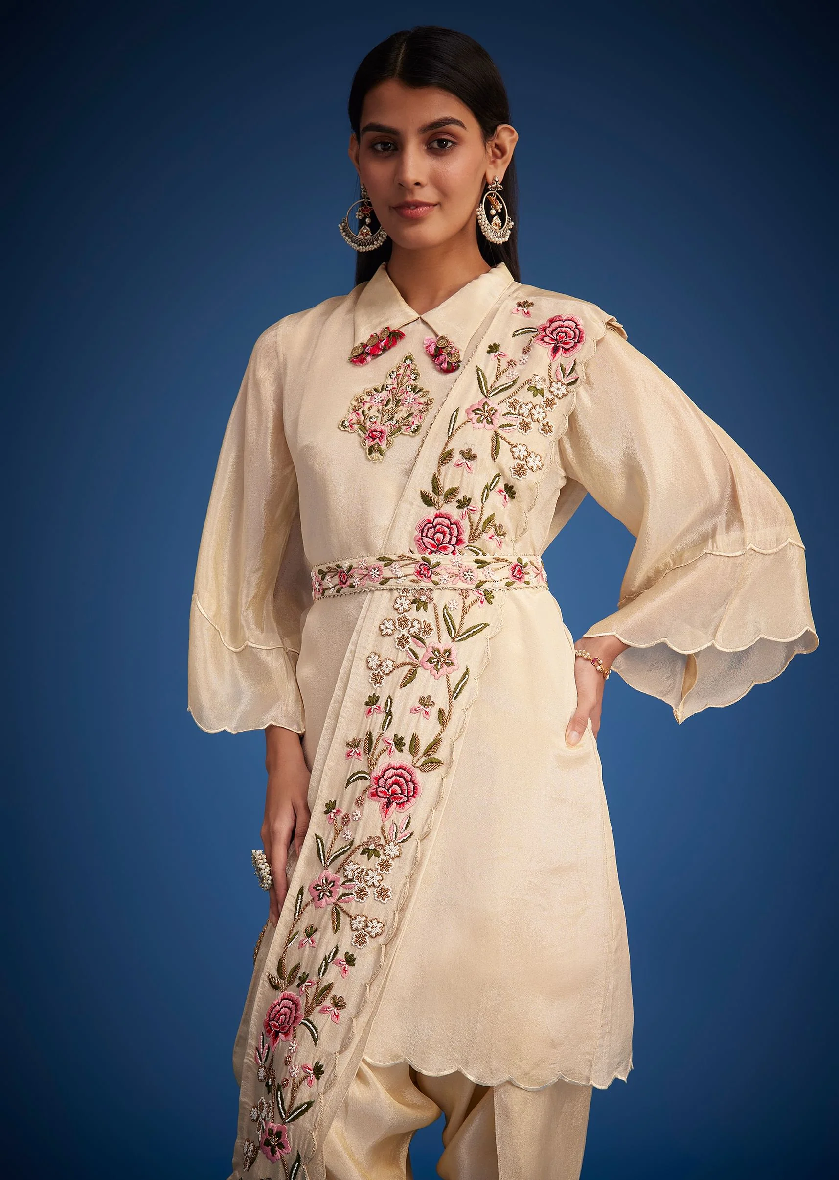 White Tissue Embroidered Dhoti Set - Image 3
