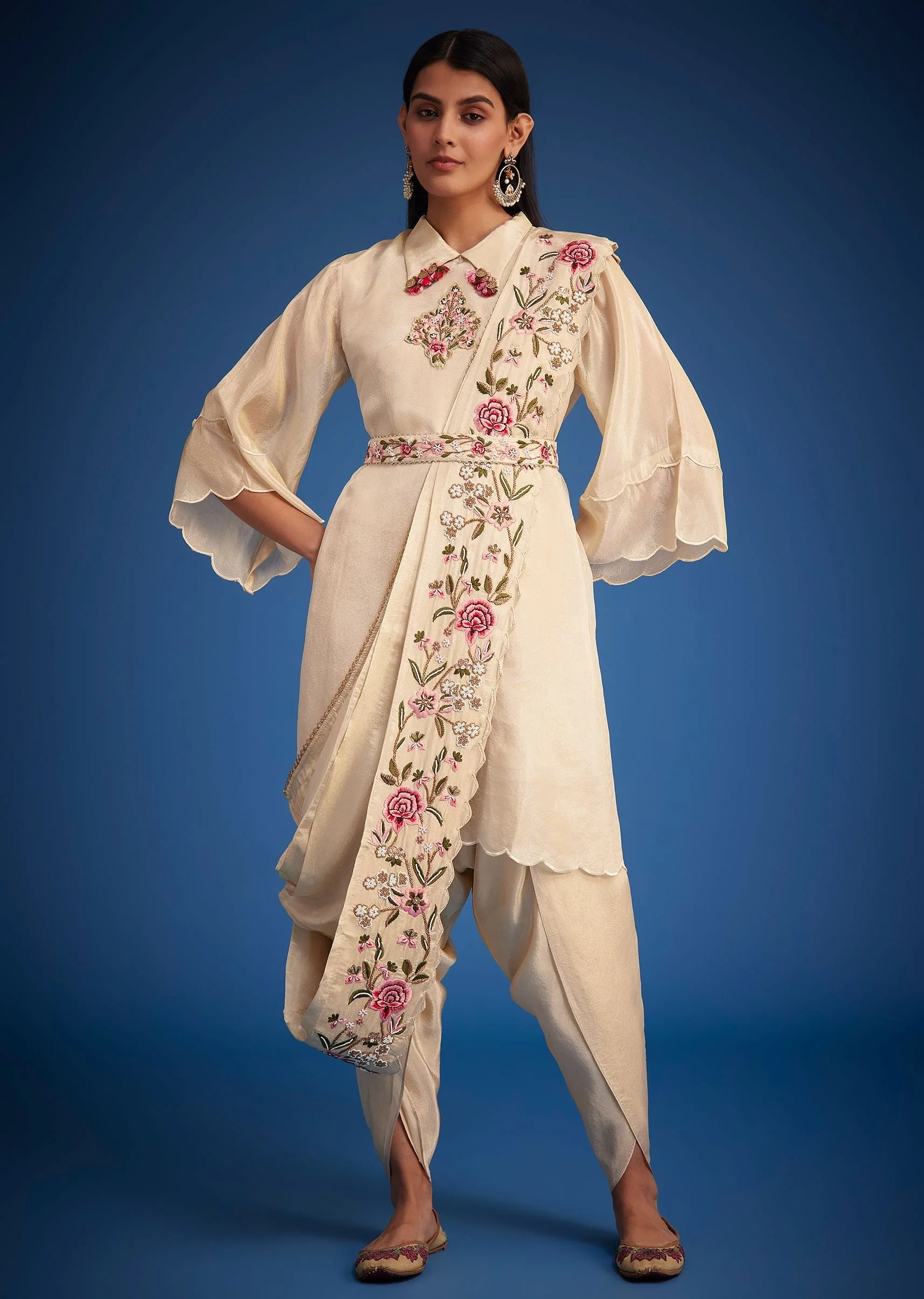 White Tissue Embroidered Dhoti Set - Image 4