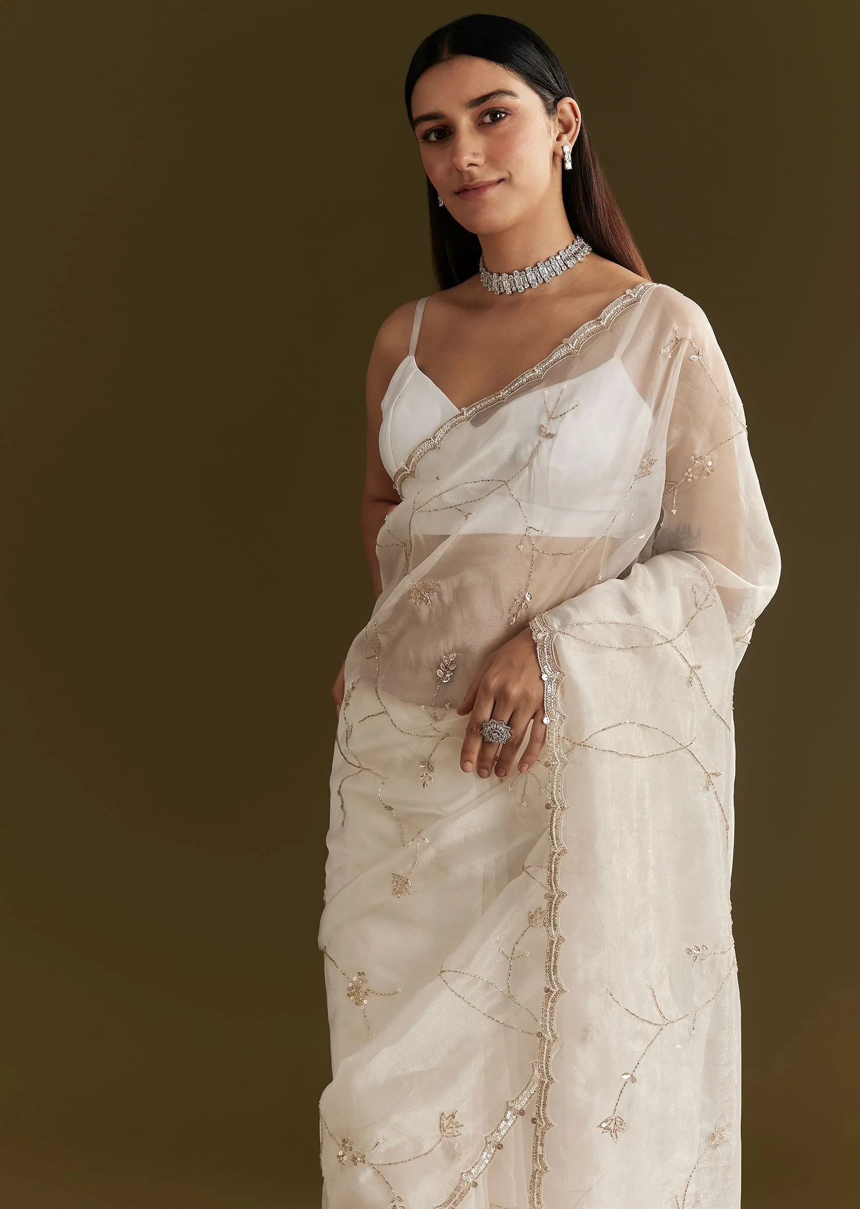 White Tissue Embroidered Saree With Scallop Border - Image 2