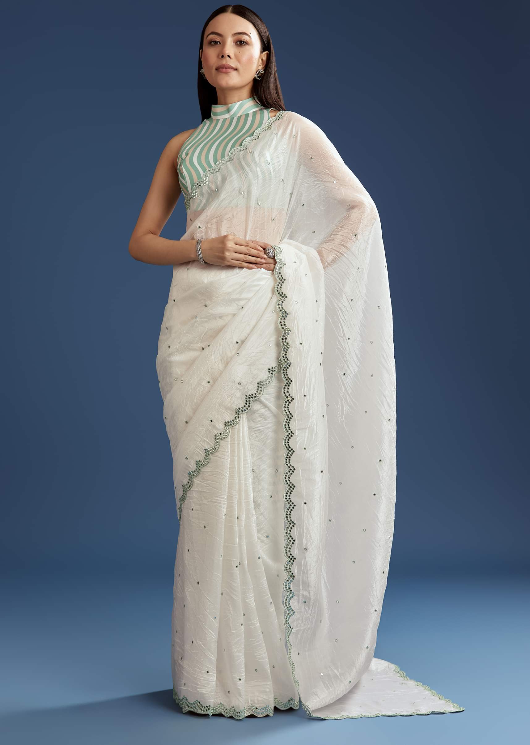 White Tissue Saree With Contrast Border - Image 2