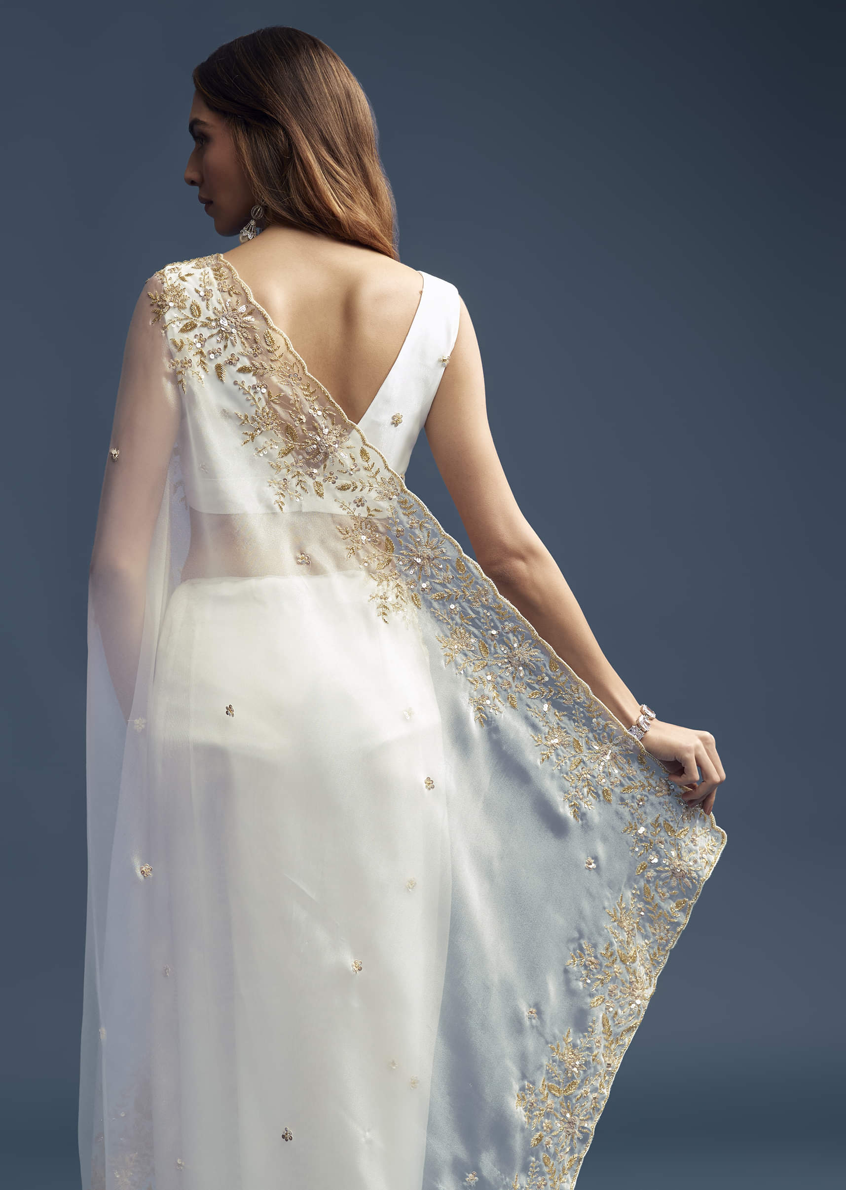 White Tissue Saree With Floral Cutdana Embroidery - Image 3