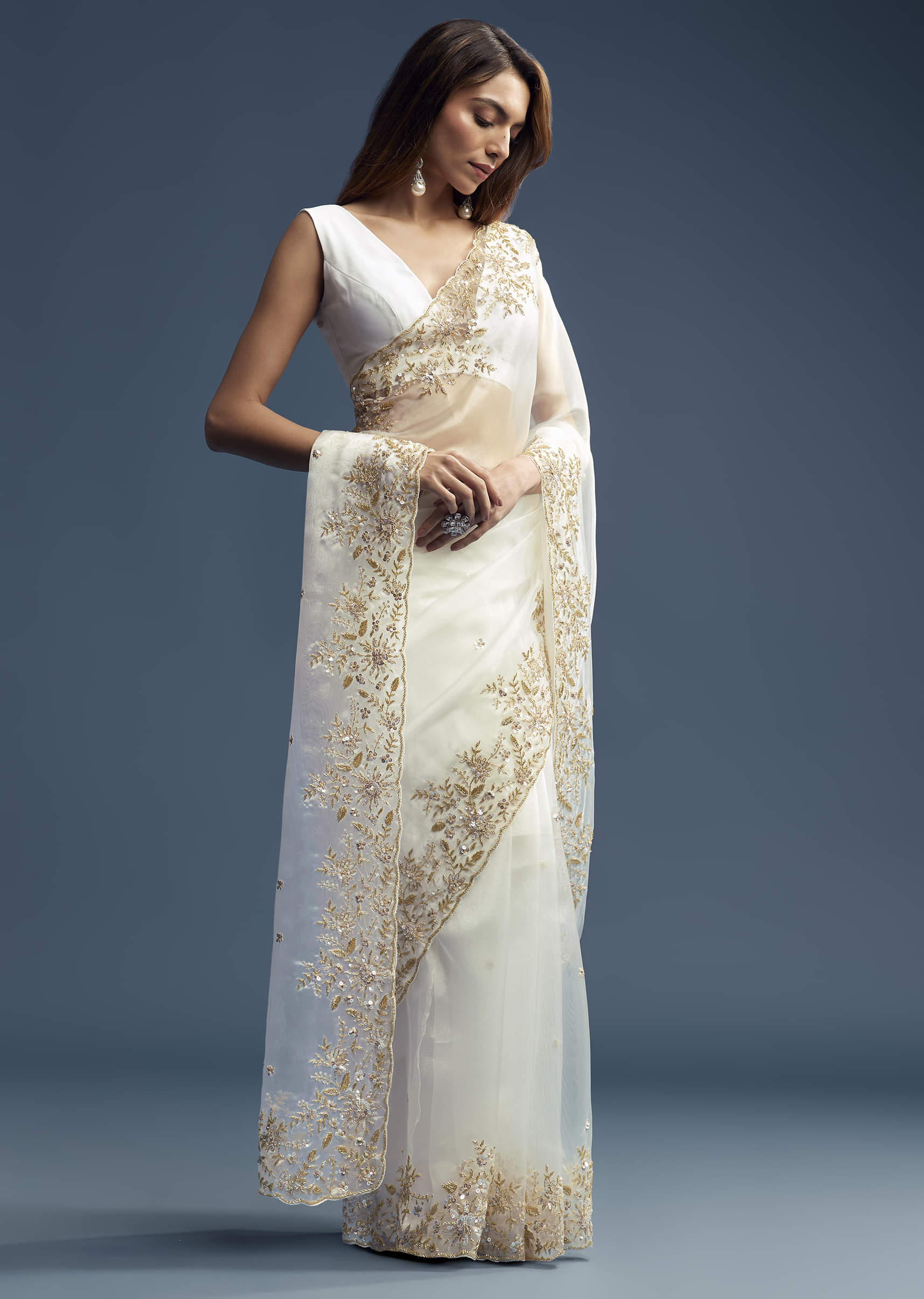 White Tissue Saree With Floral Cutdana Embroidery - Image 9