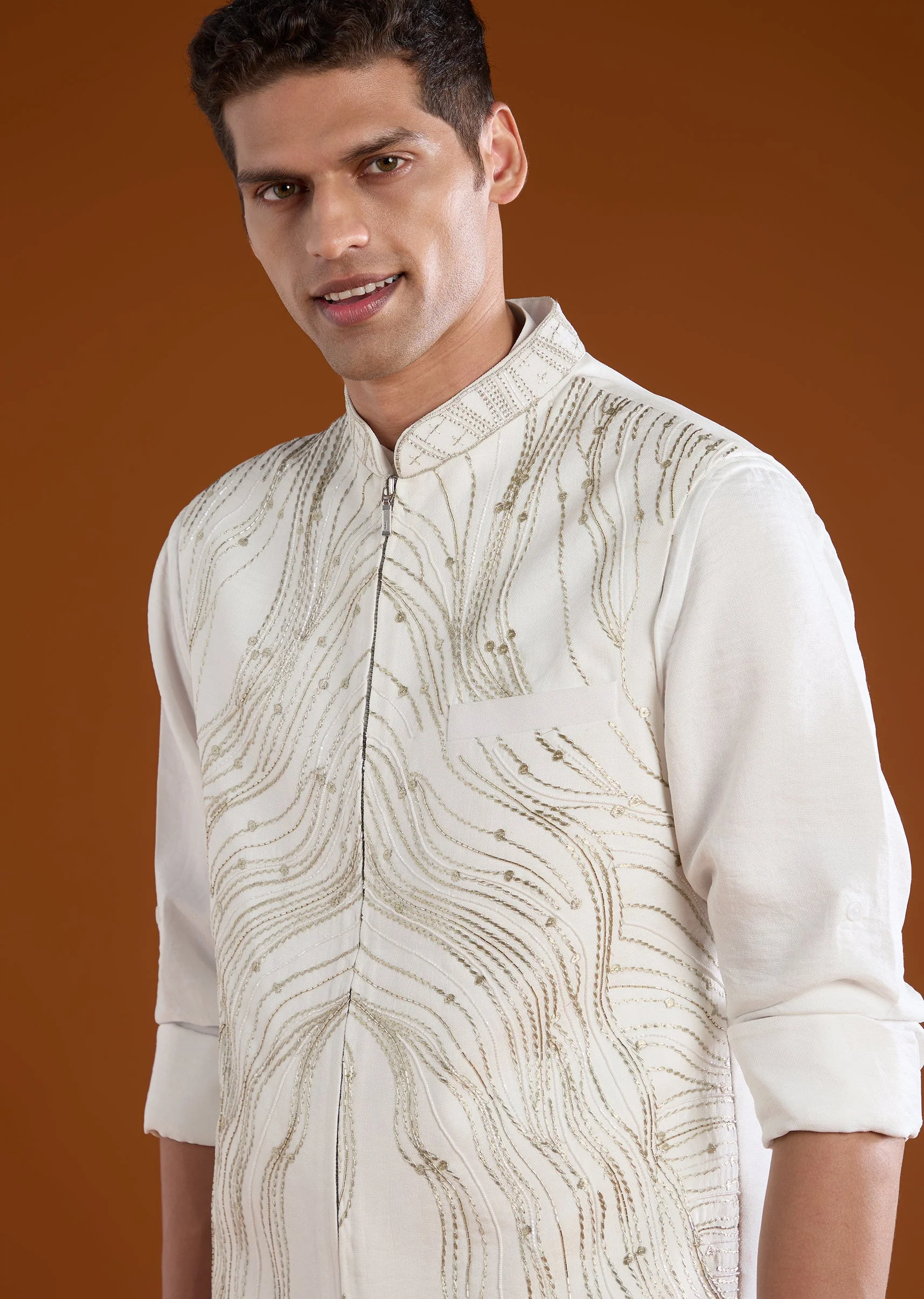 White Viscose Jacket and Kurta Set - Image 2