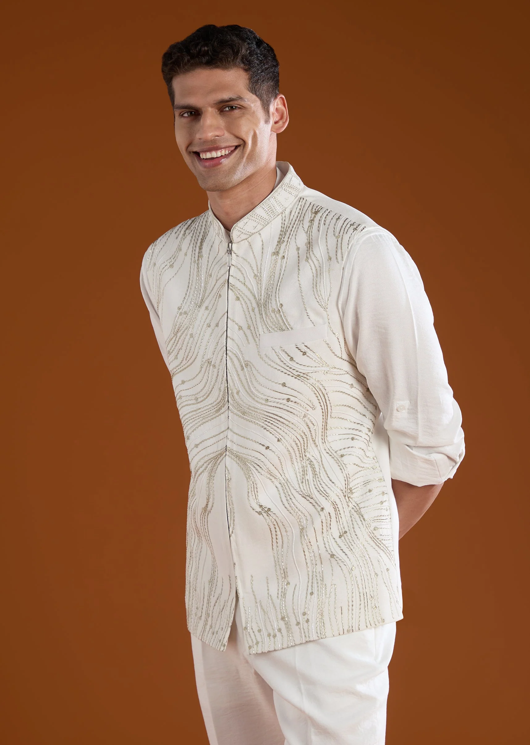 White Viscose Jacket and Kurta Set - Image 4