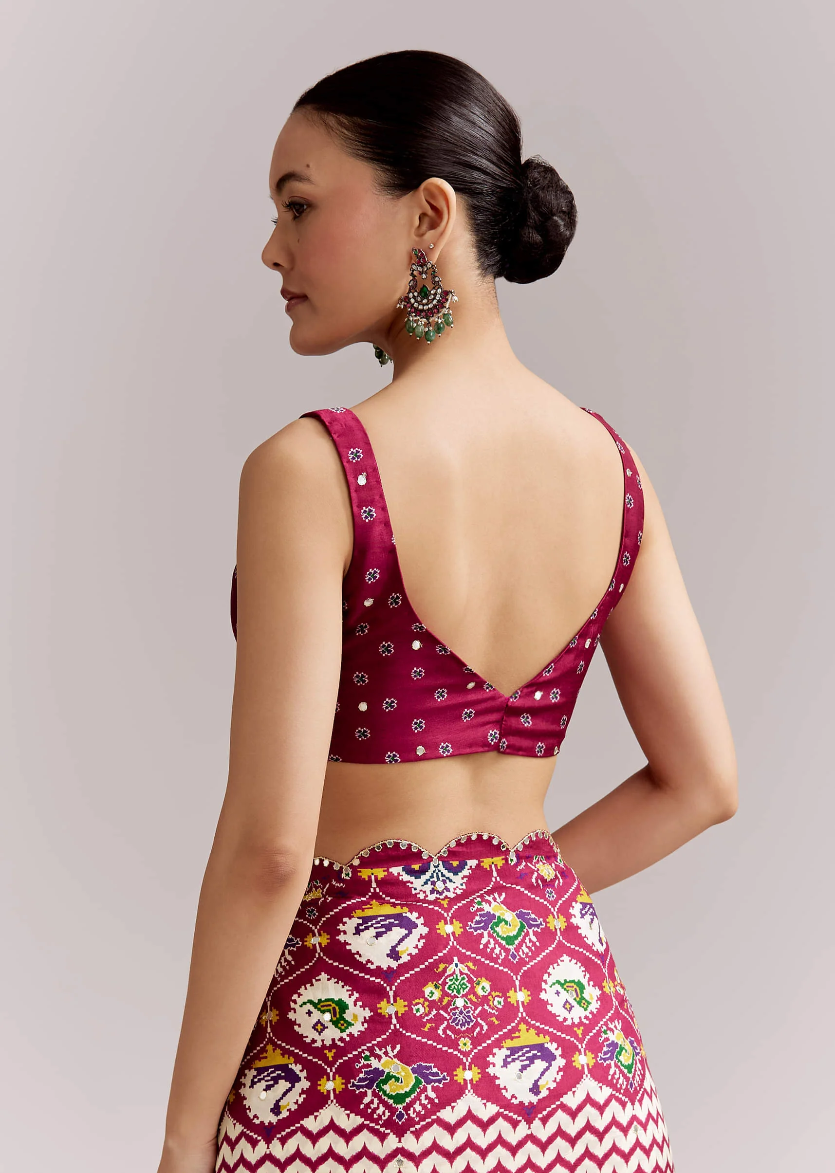 Wine And Off White Satin Saree With Ikat-Style Floral Birds Border - Image 8