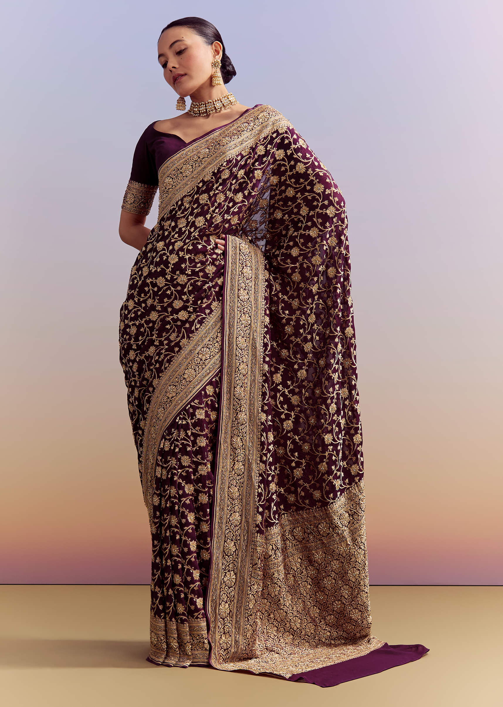 Wine Banarasi Silk Saree With Heavy Zari And Jaal Work - Image 3