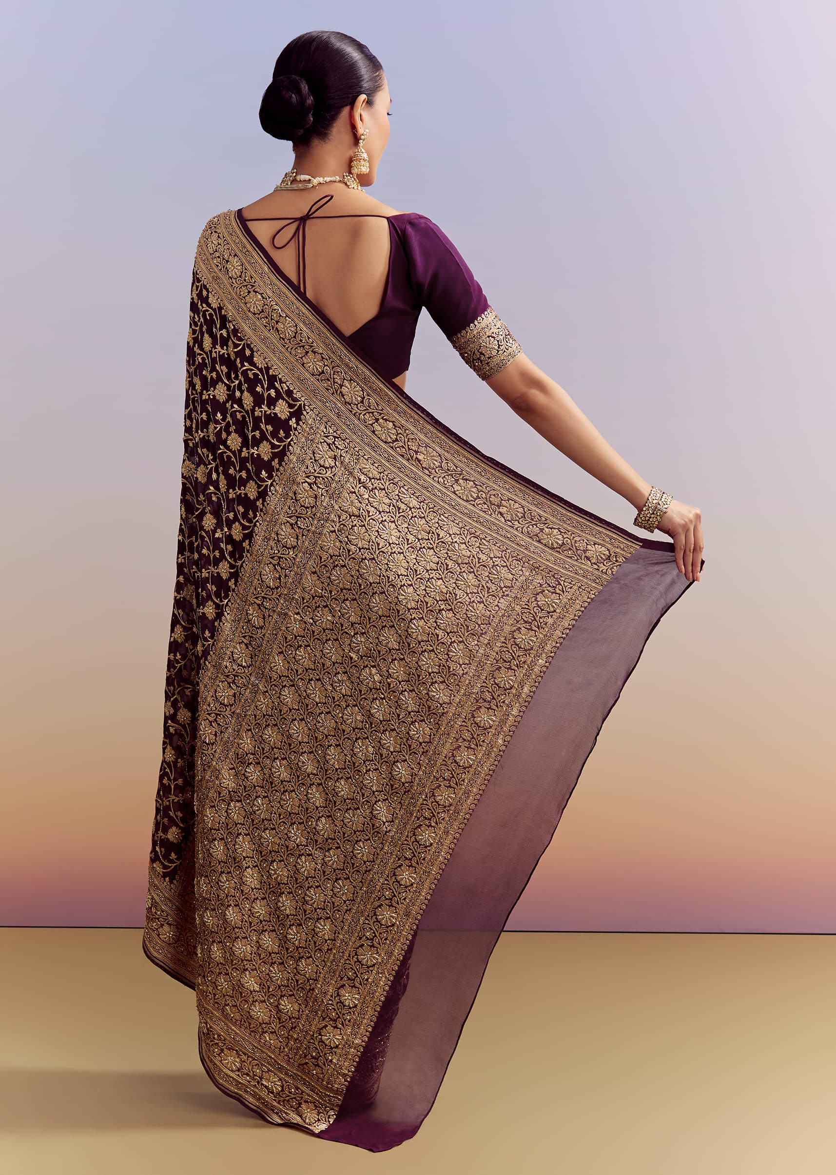 Wine Banarasi Silk Saree With Heavy Zari And Jaal Work - Image 4