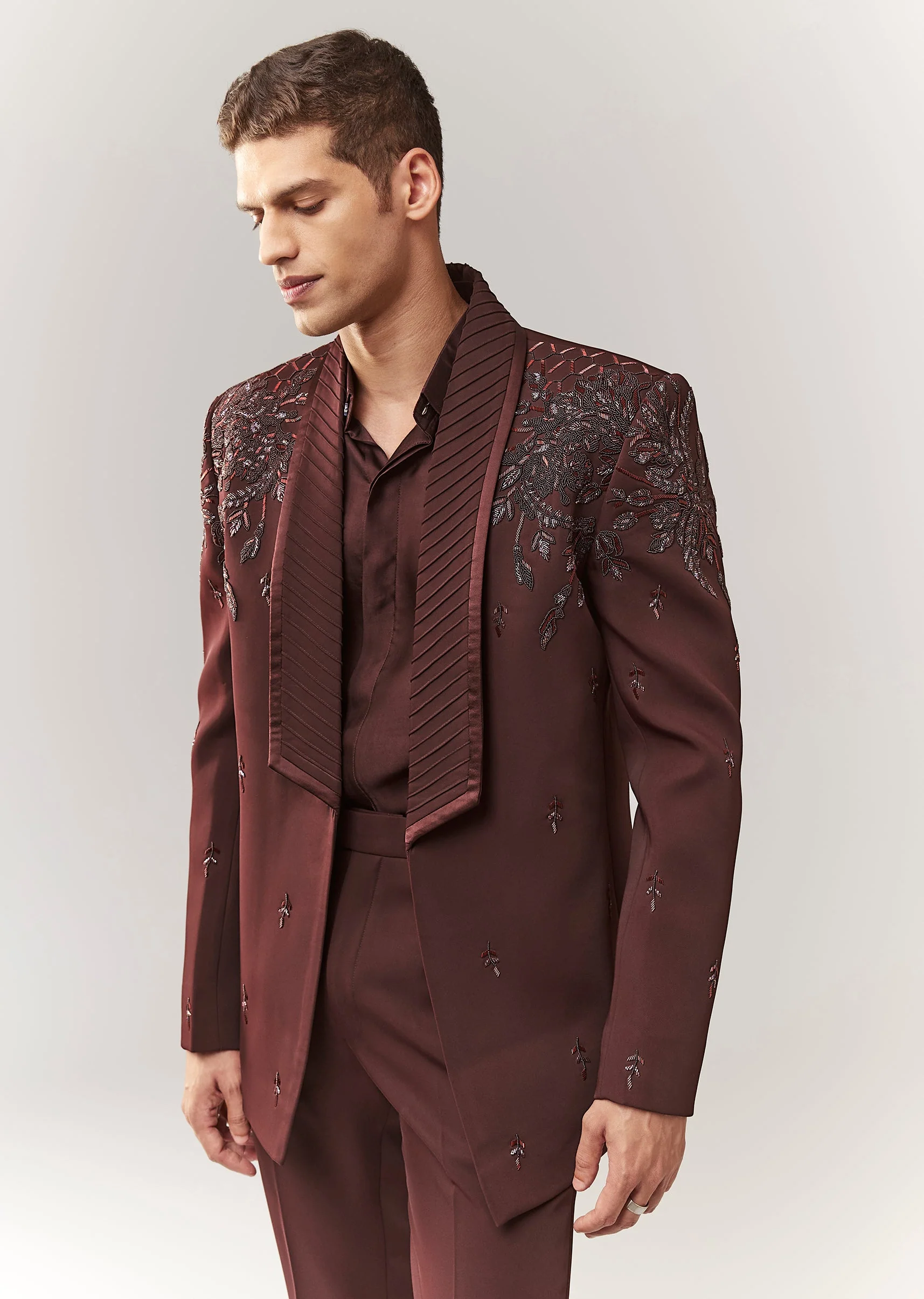 Wine Blazer Shirt Set With Hand Embroidery And Satin Organza Shirt