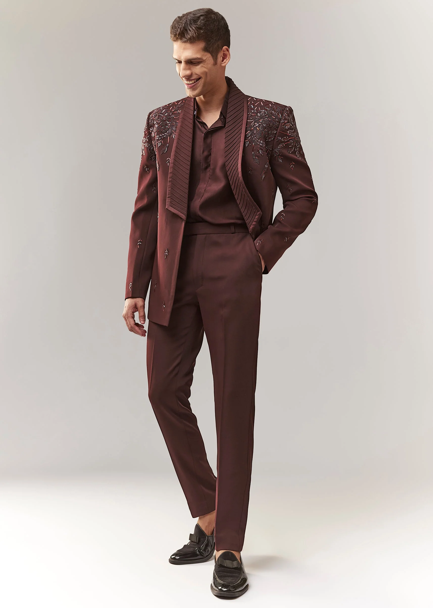 Wine Blazer Shirt Set With Hand Embroidery And Satin Organza Shirt - Image 2