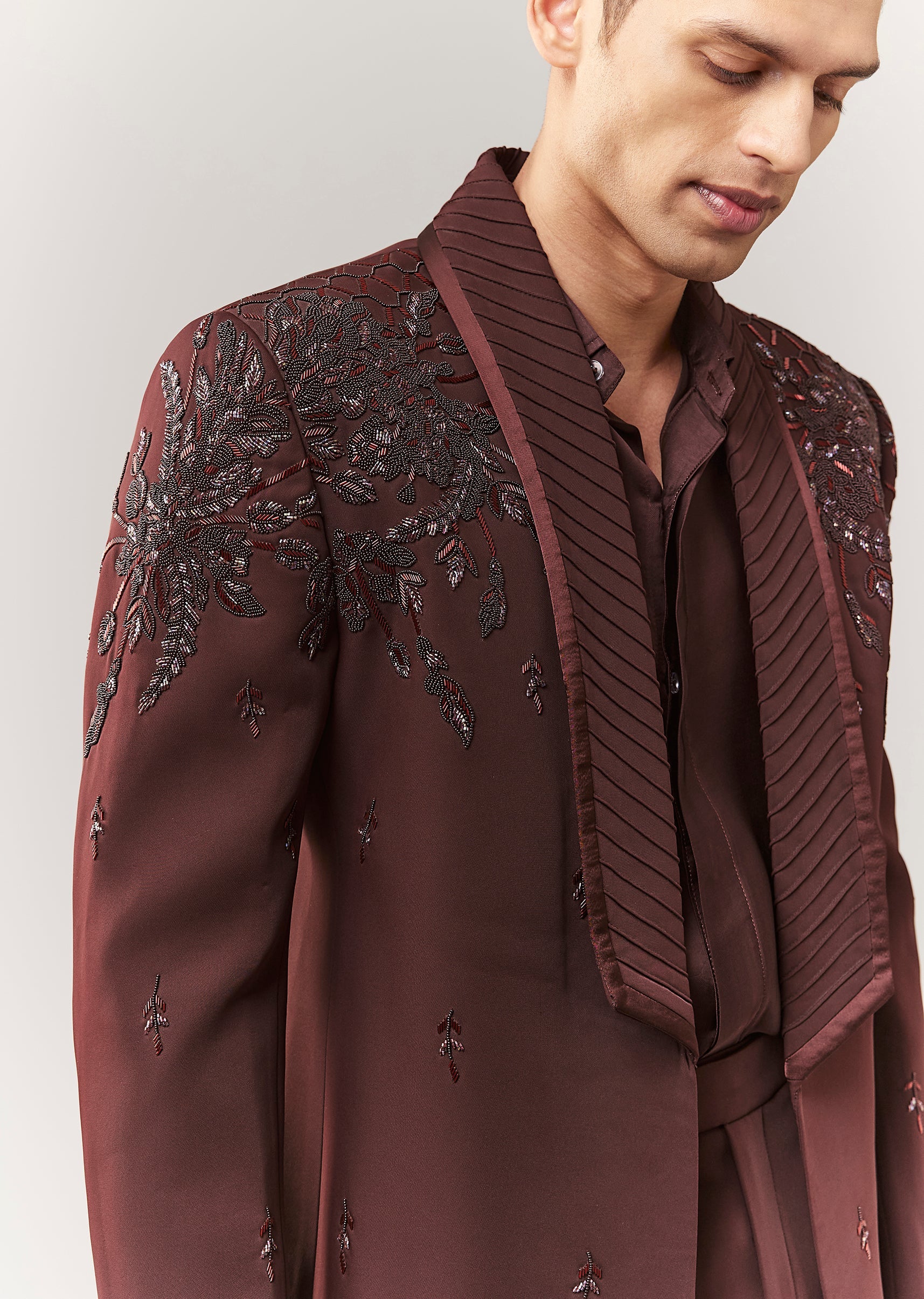 Wine Blazer Shirt Set With Hand Embroidery And Satin Organza Shirt - Image 3