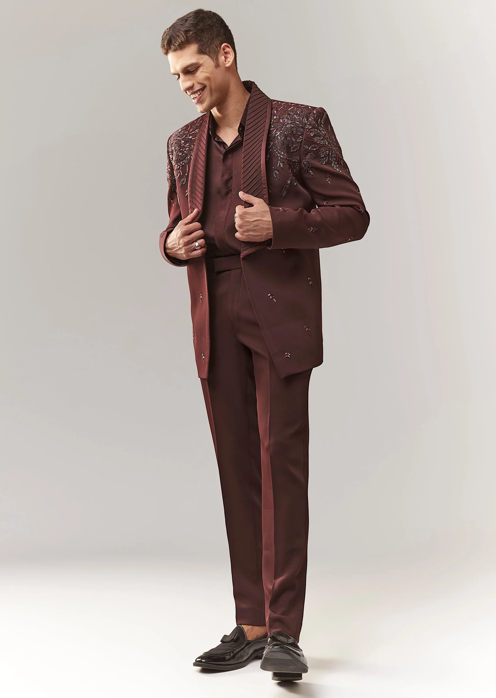Wine Blazer Shirt Set With Hand Embroidery And Satin Organza Shirt - Image 4