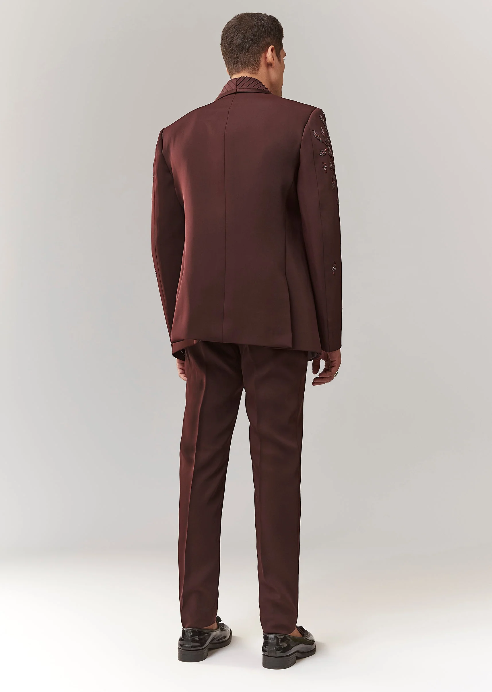 Wine Blazer Shirt Set With Hand Embroidery And Satin Organza Shirt - Image 5