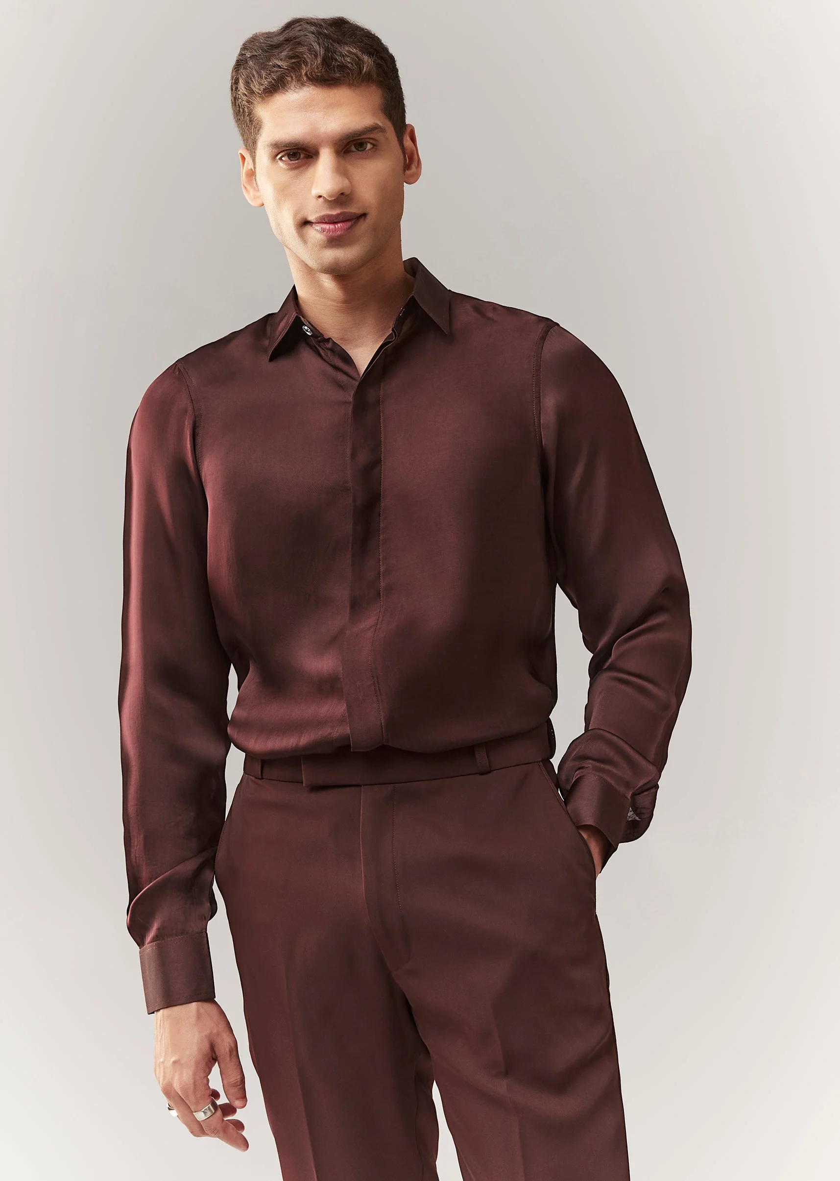 Wine Blazer Shirt Set With Hand Embroidery And Satin Organza Shirt - Image 6