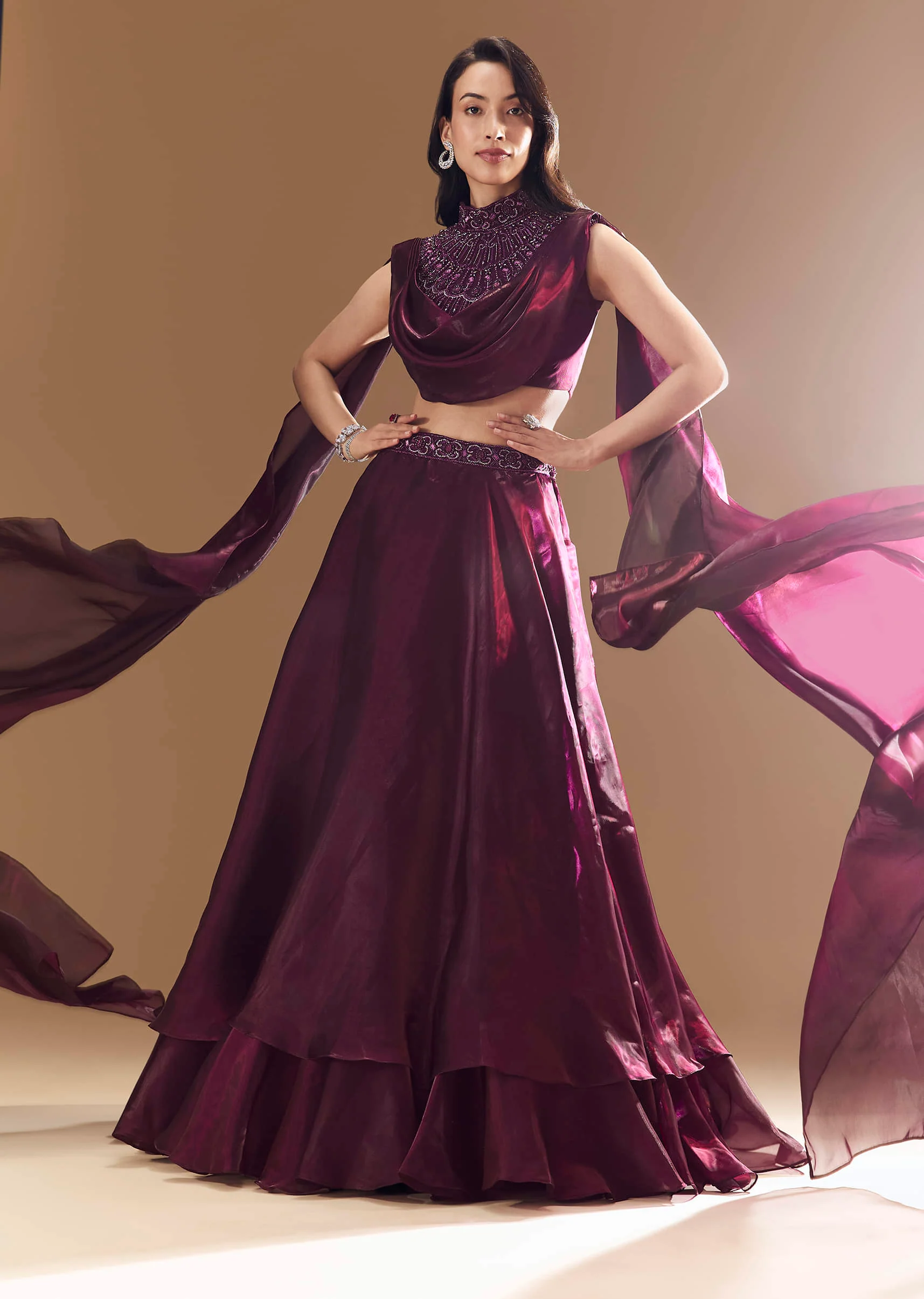 Wine Bridesmaid Organza Lehega with Cape - Image 4