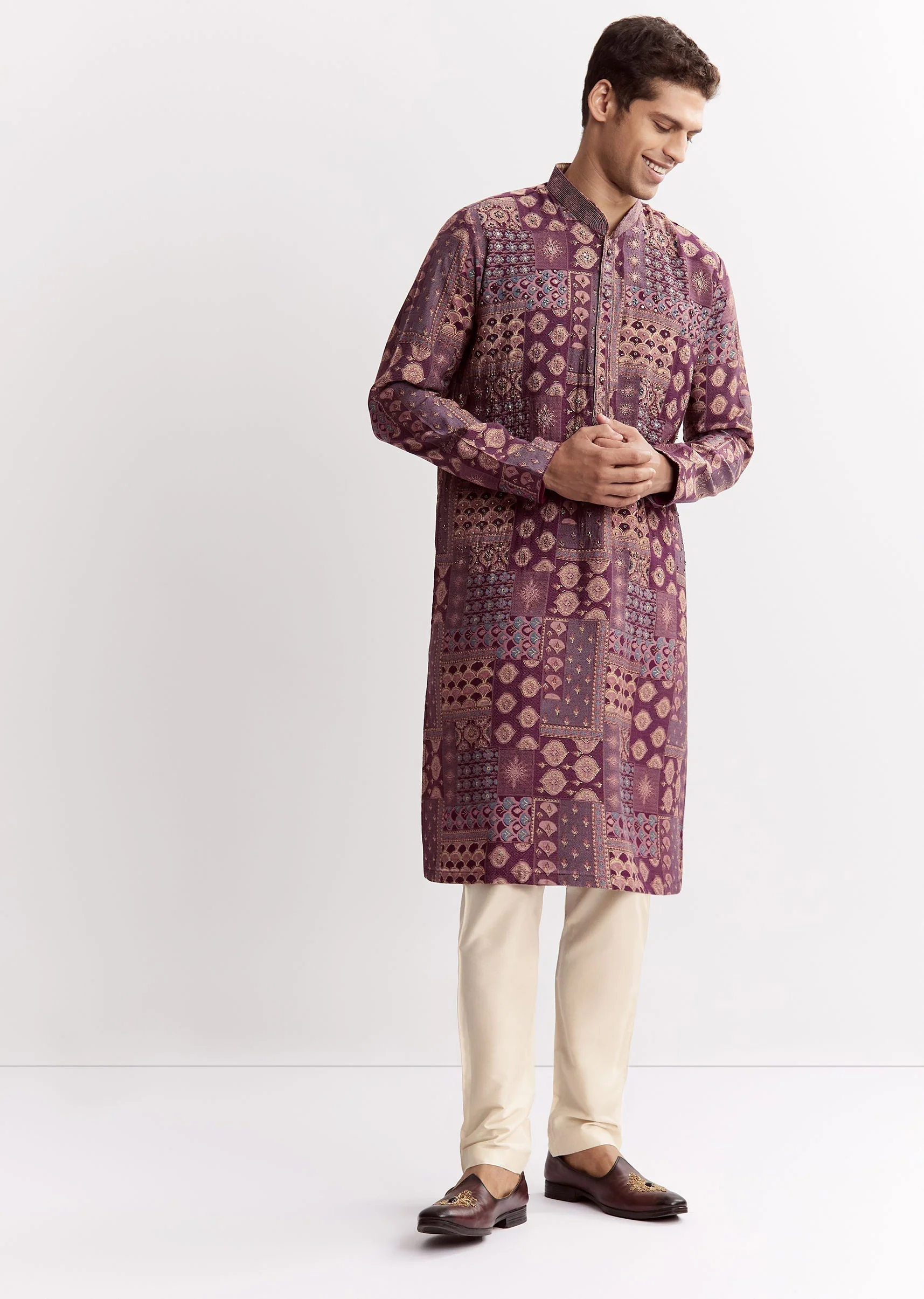 Wine Chanderi Printed Kurta Jacket Set With Stone Sequins And Cutdana - Image 2