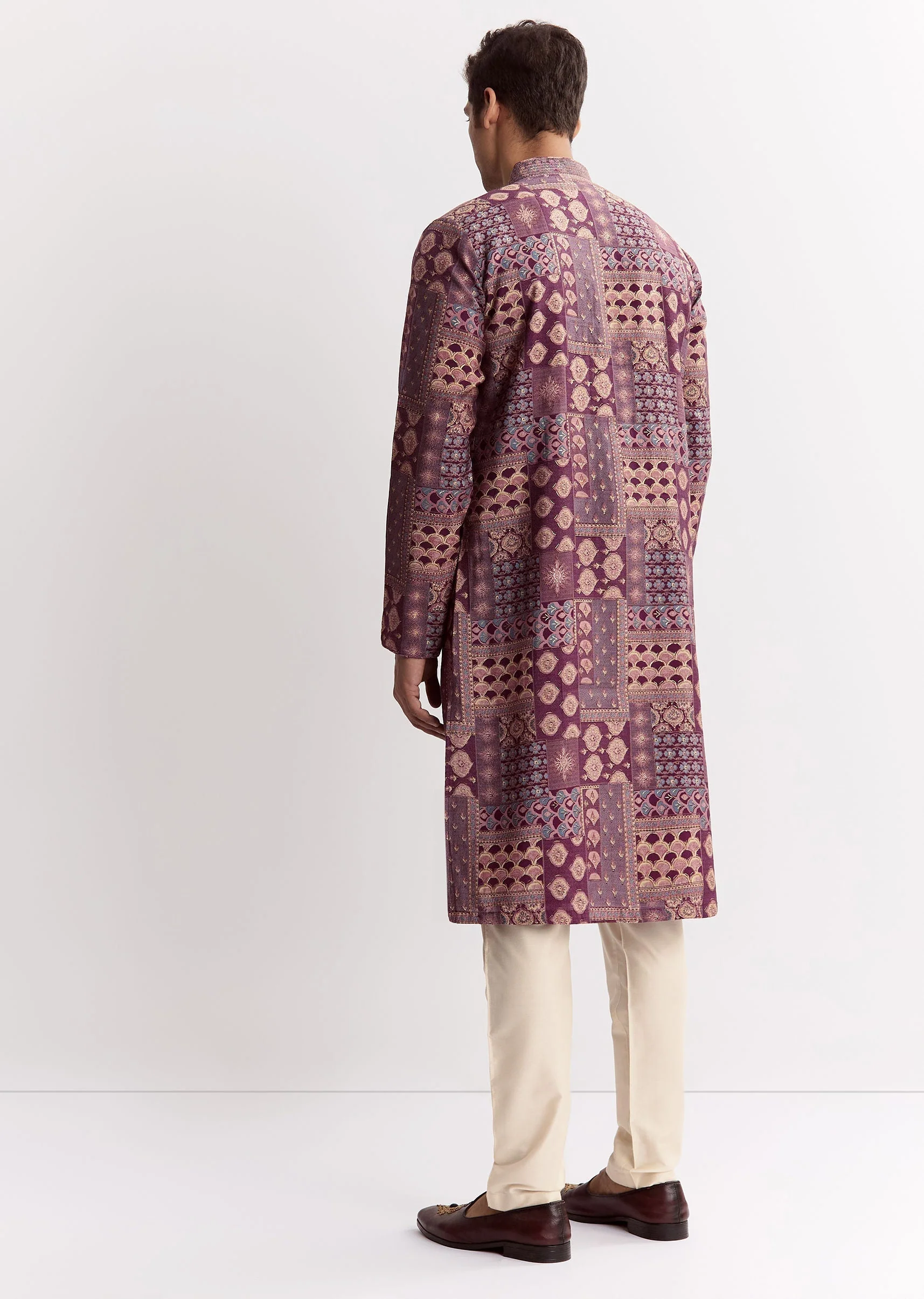 Wine Chanderi Printed Kurta Jacket Set With Stone Sequins And Cutdana - Image 5