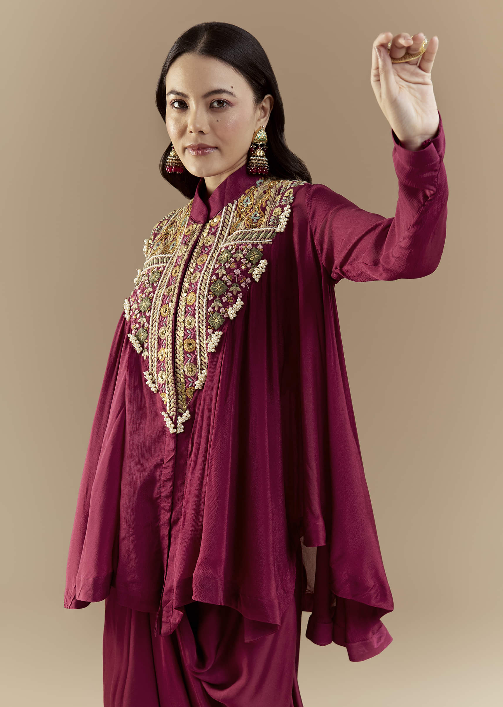 Wine Chinon Asymmetric Cape Top and Skirt Set - Image 4