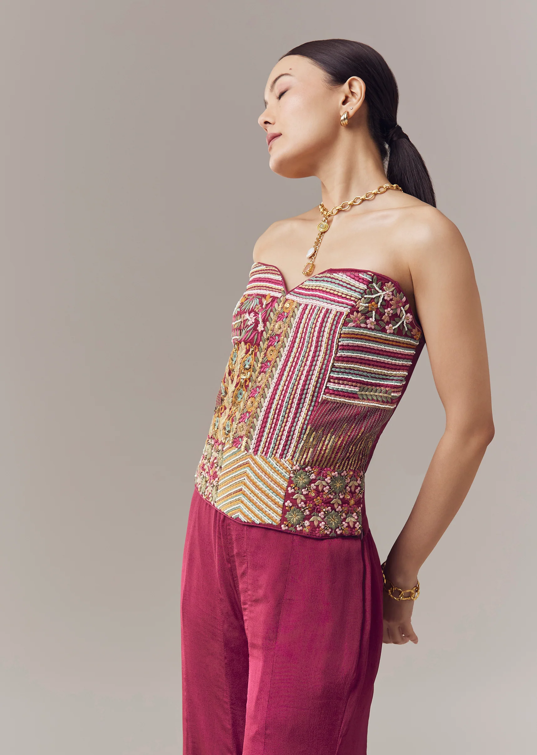 Wine Corset Crop Top And Pants Set With Thread And Sequins Work - Image 4