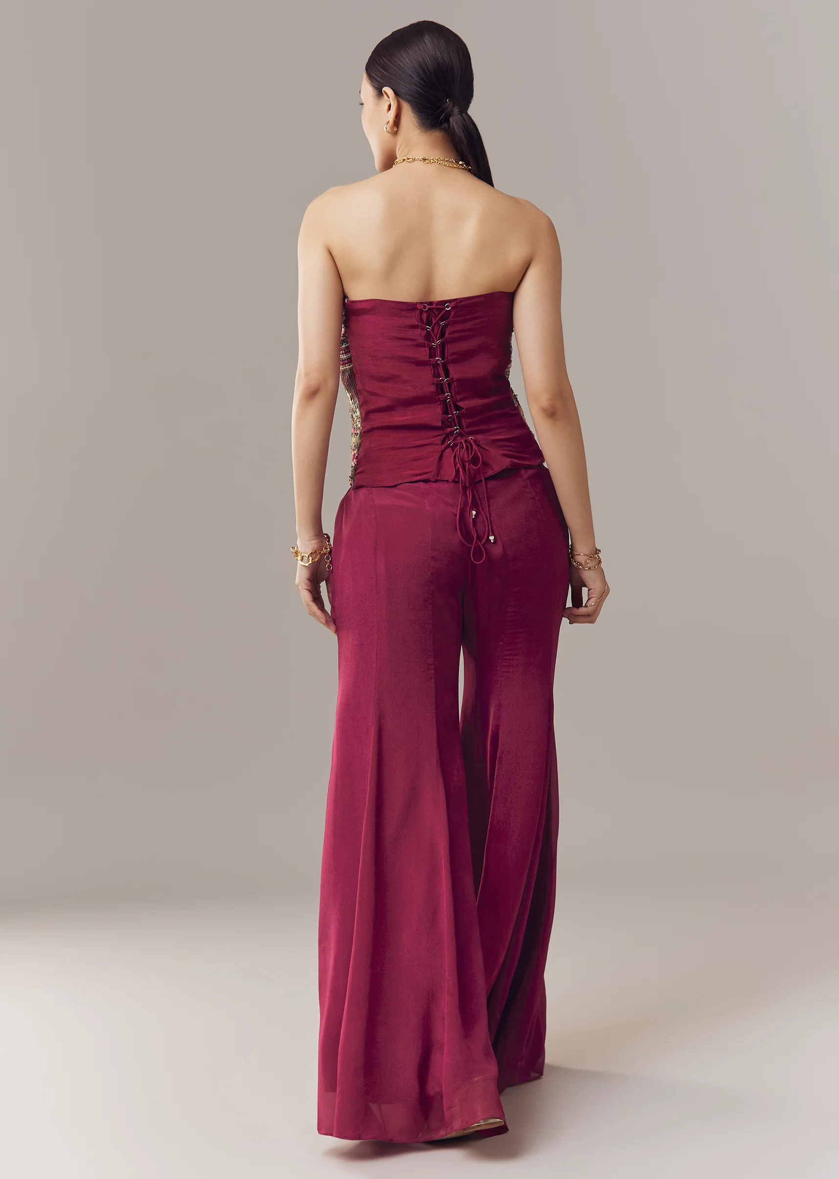 Wine Corset Crop Top And Pants Set With Thread And Sequins Work - Image 5
