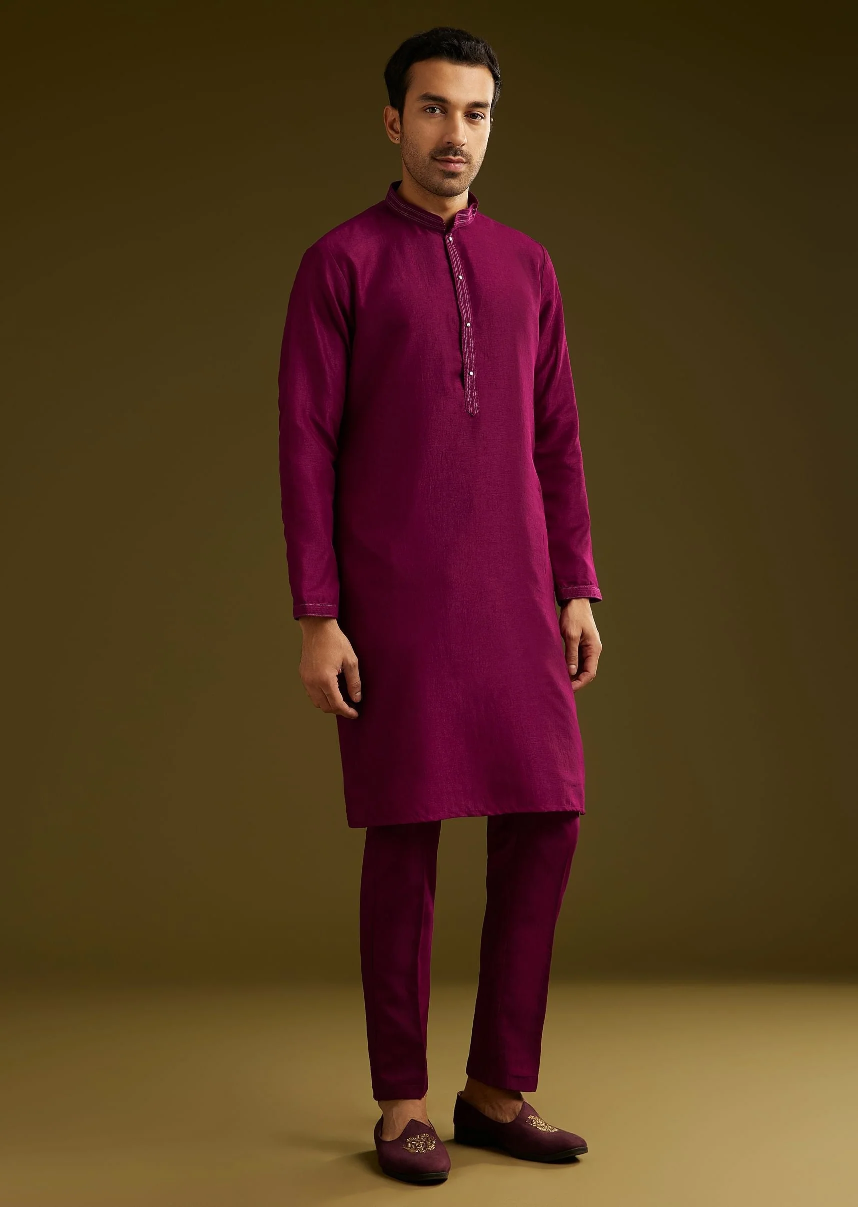 Wine Cotton Silk Kurta Set With Embroidered Lapel Jacket - Image 6