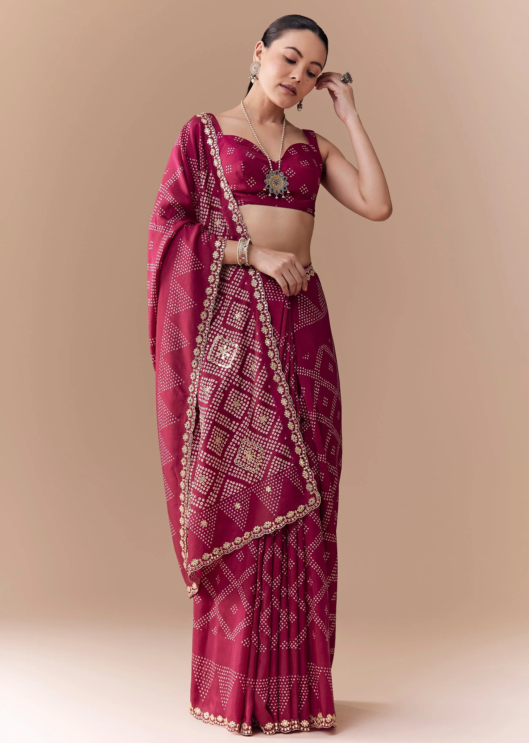 Wine Crepe Bandhani Print Saree with Blouse Fabric - Image 3
