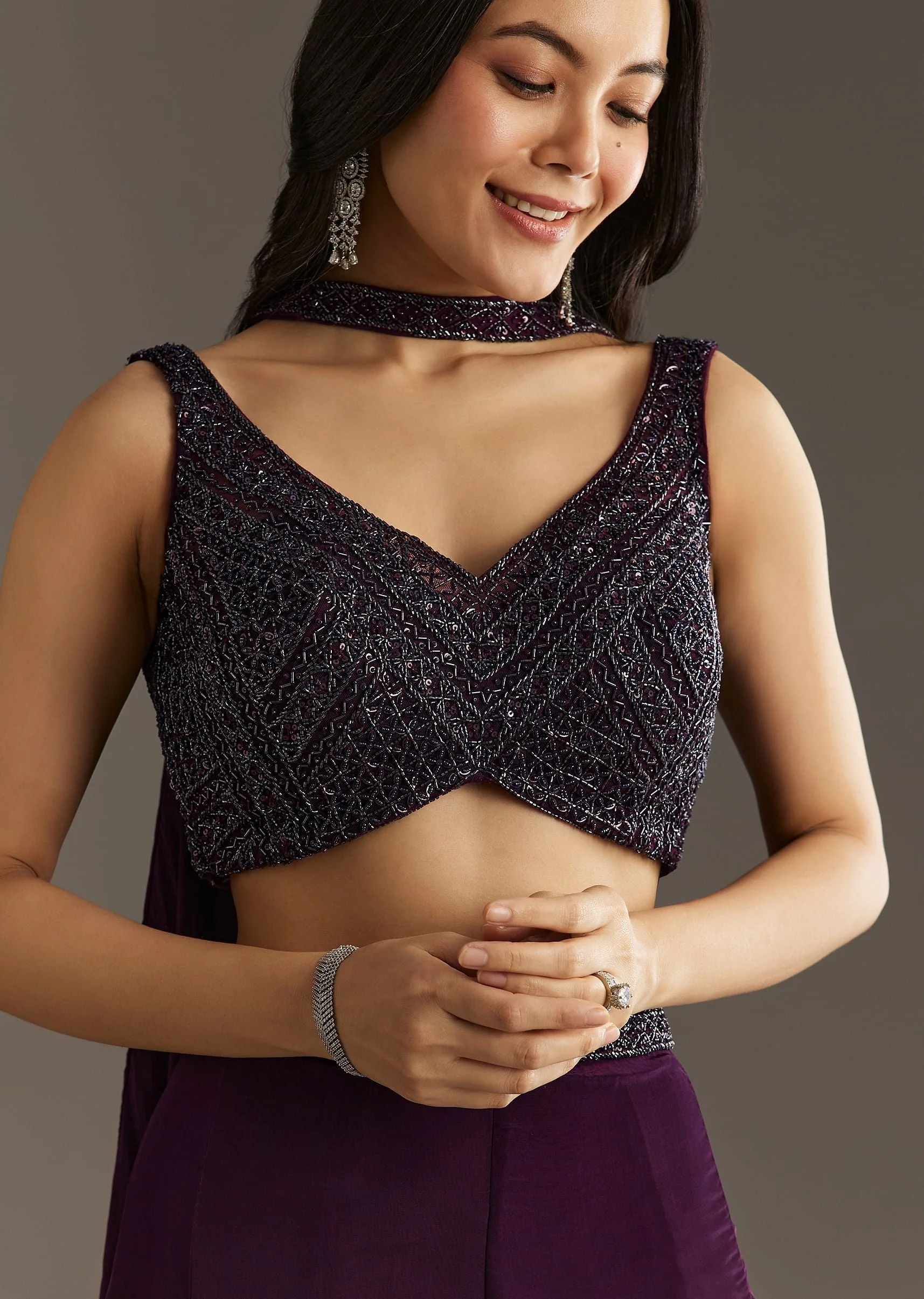 Wine Crepe Crop Top With Embroidered Palazzo And Choker Dupatta - Image 2