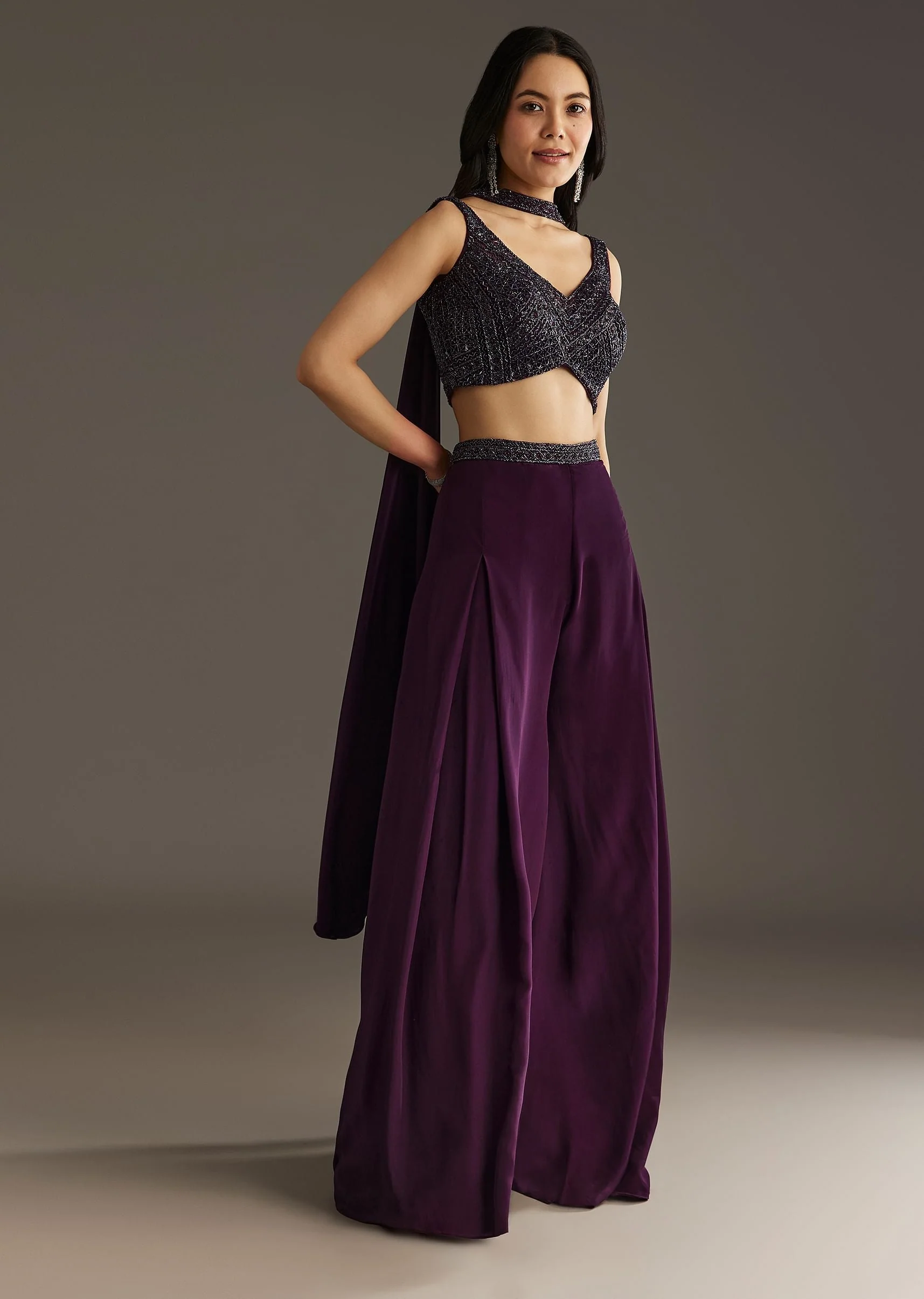 Wine Crepe Crop Top With Embroidered Palazzo And Choker Dupatta - Image 3