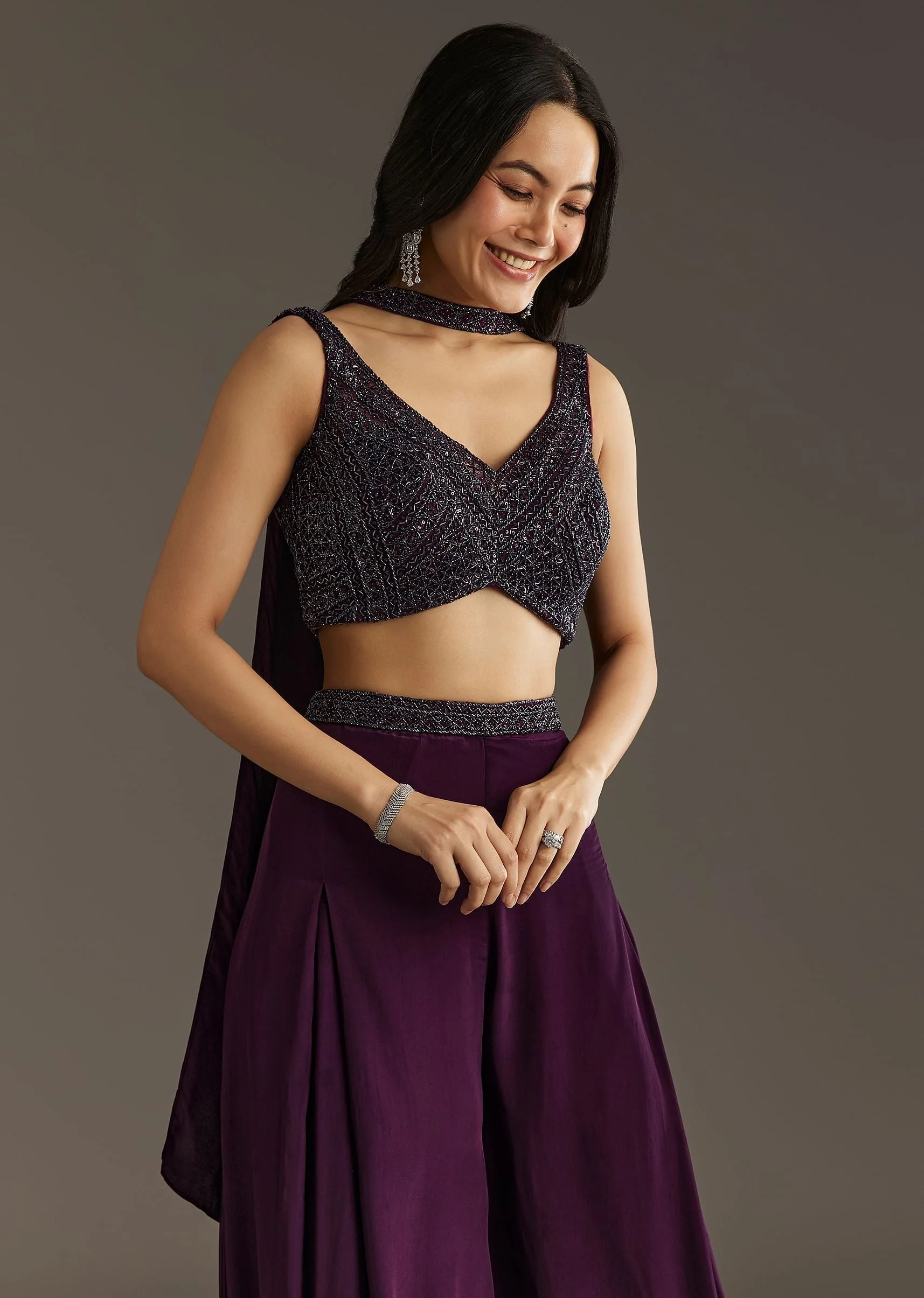 Wine Crepe Crop Top With Embroidered Palazzo And Choker Dupatta - Image 4