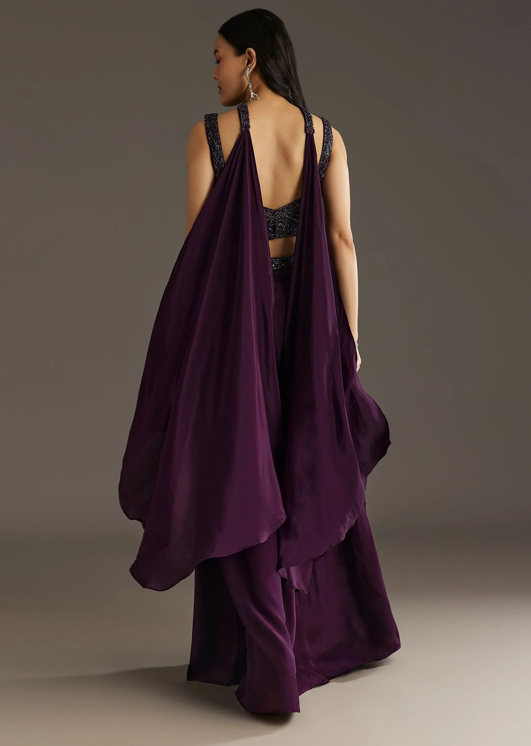 Wine Crepe Crop Top With Embroidered Palazzo And Choker Dupatta - Image 5