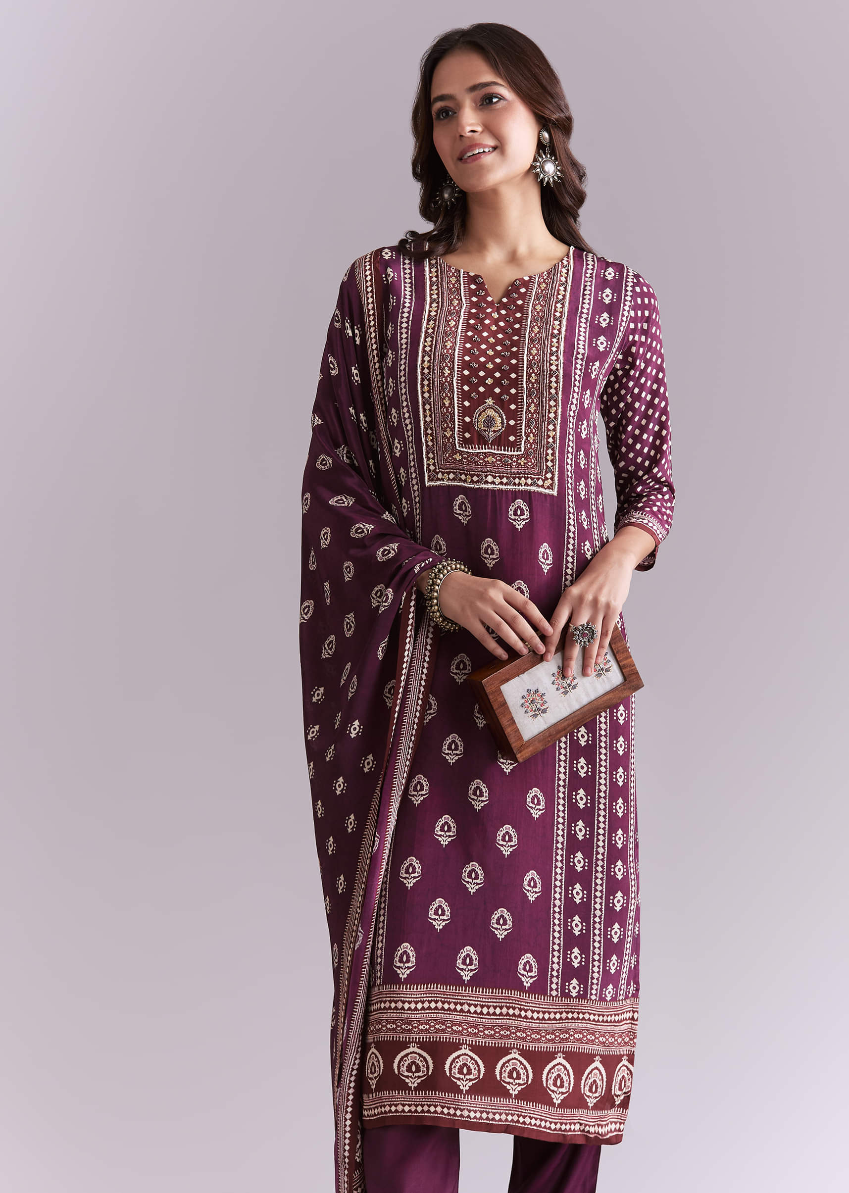 Wine Crepe Kurta Set With Indie Print And Moti Work - Image 4