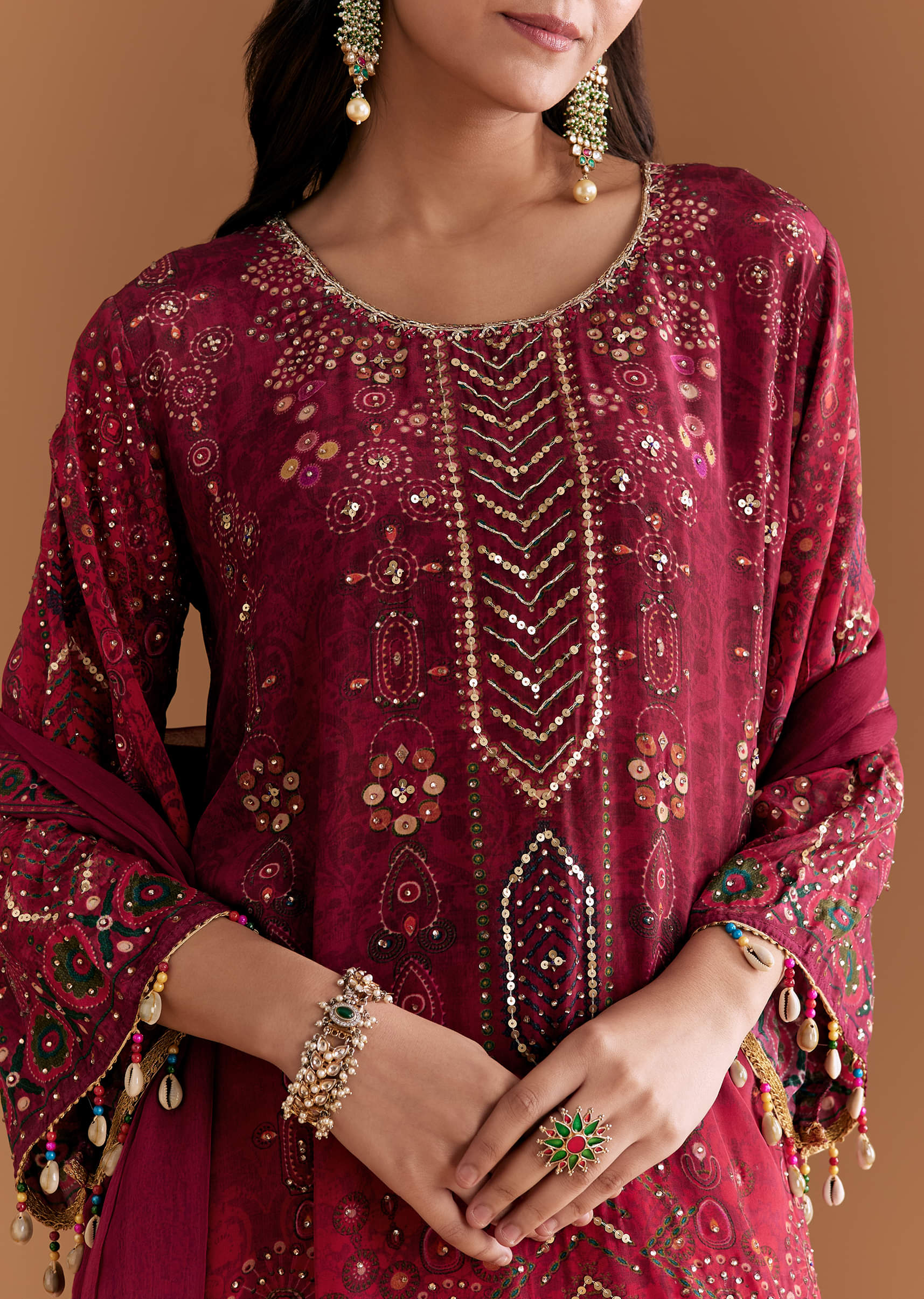 Wine Crepe Printed Kurta Set With Stone Work - Image 2