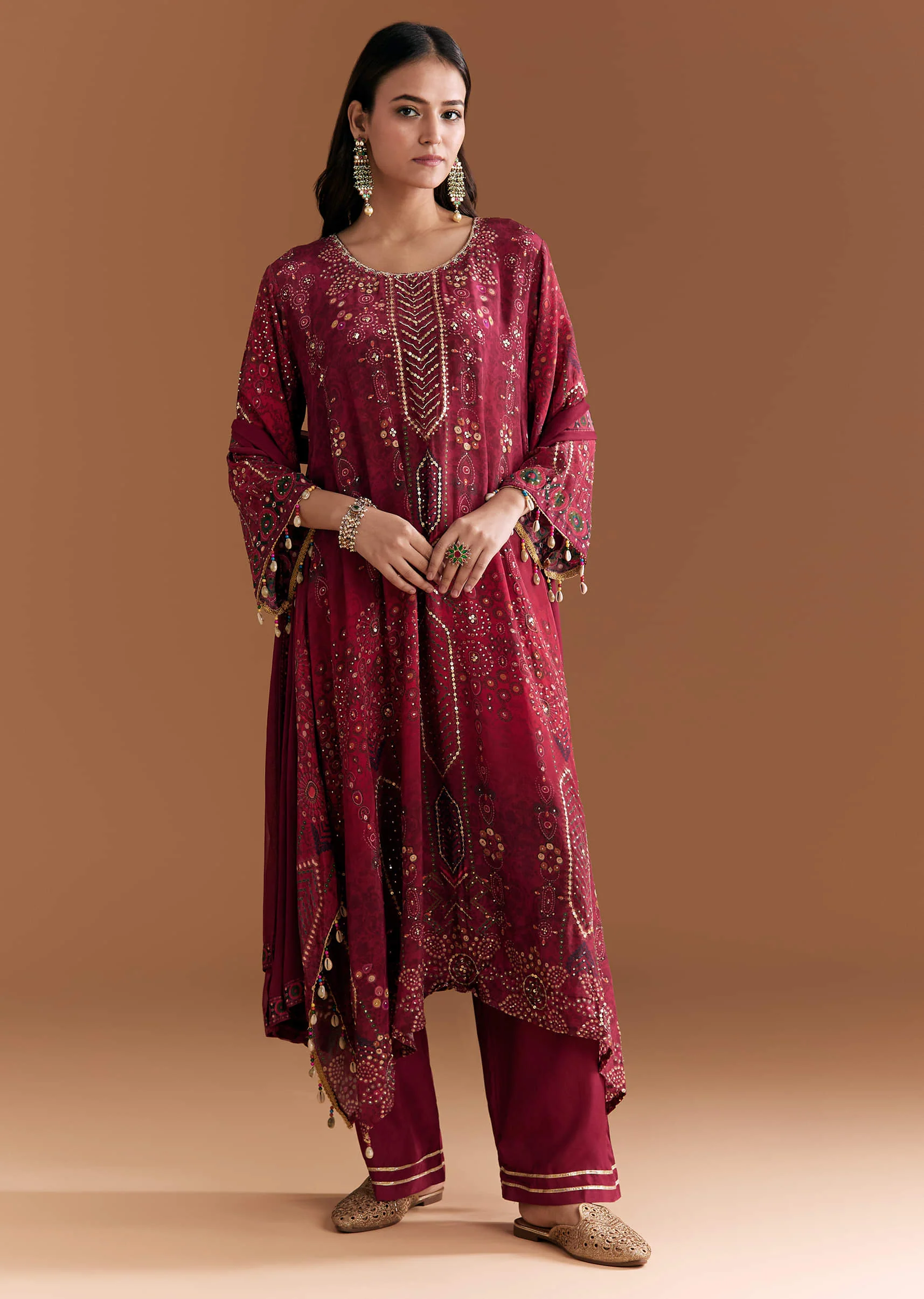 Wine Crepe Printed Kurta Set With Stone Work - Image 3