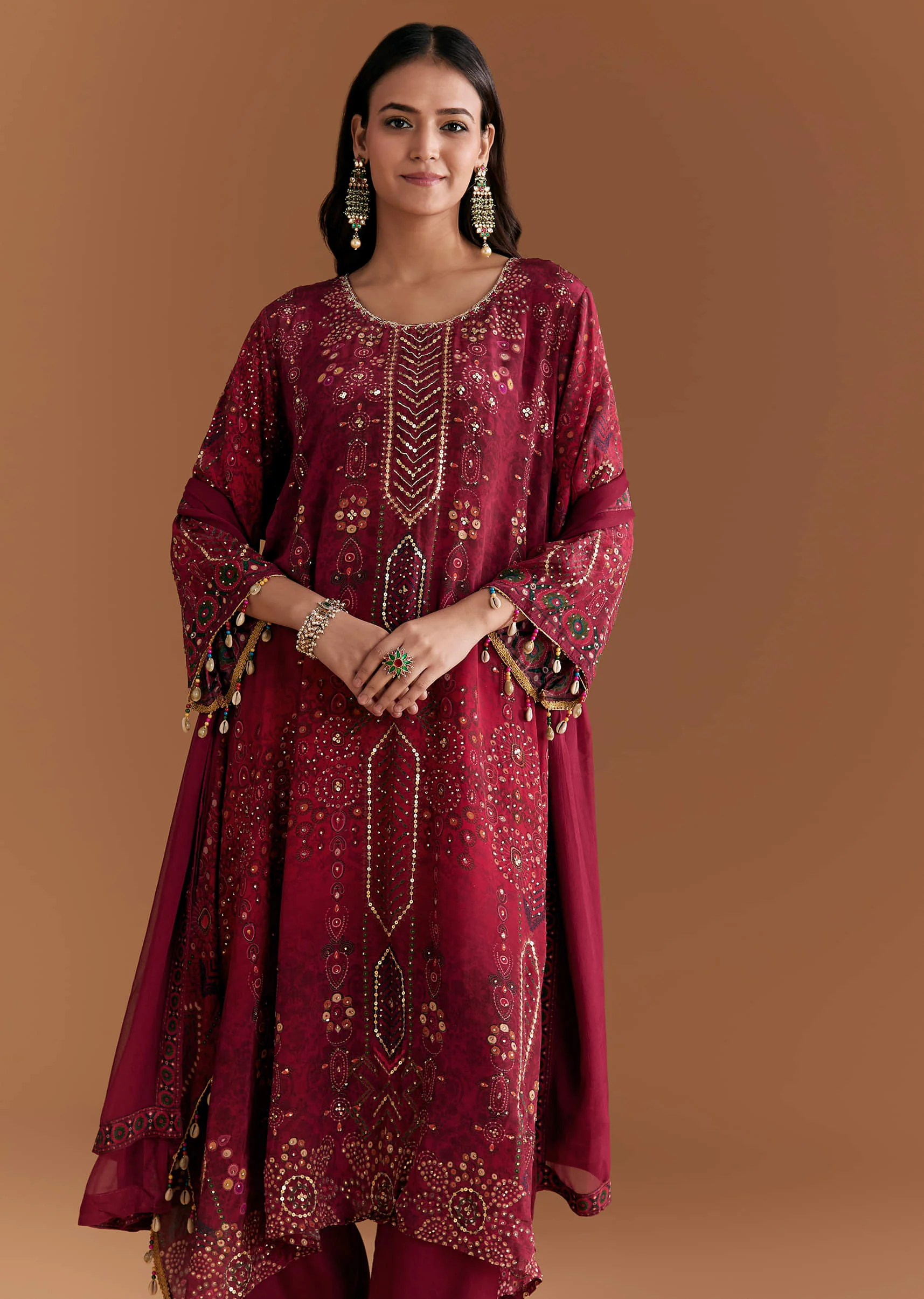 Wine Crepe Printed Kurta Set With Stone Work - Image 4