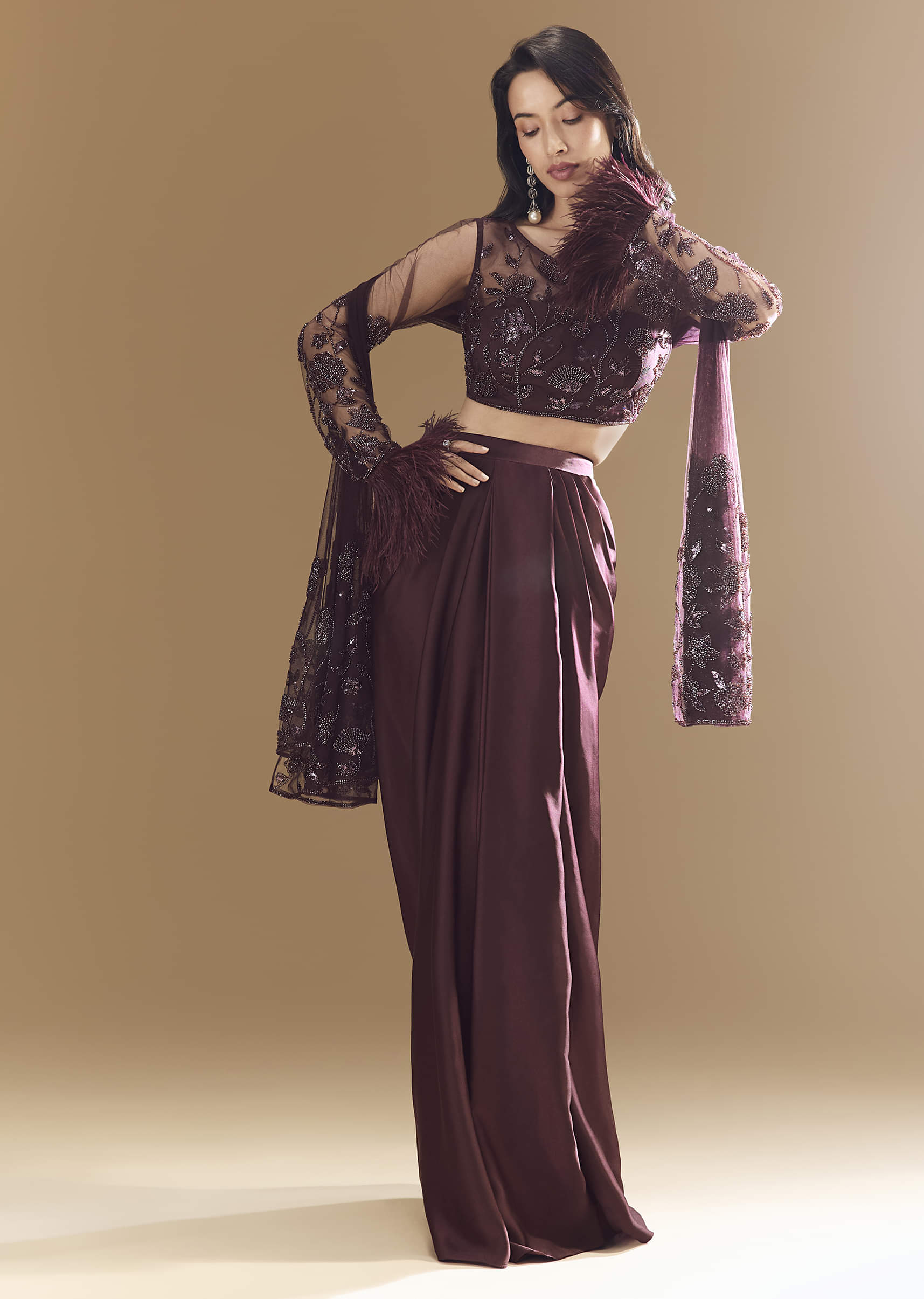 Wine Crop Top Skirt Set with Dupatta - Image 4