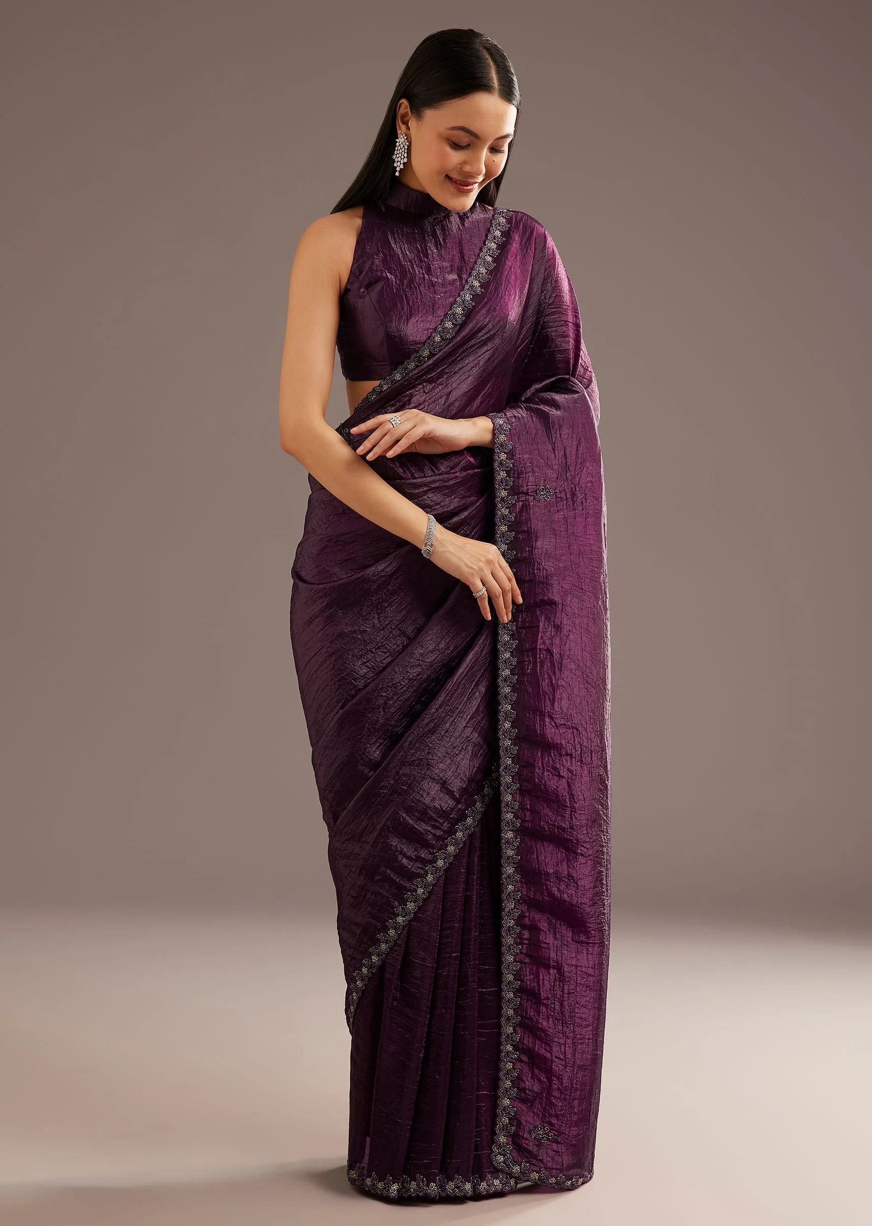 Wine Crushed Tissue Silk Saree With Cutdana Scallop Border - Image 3