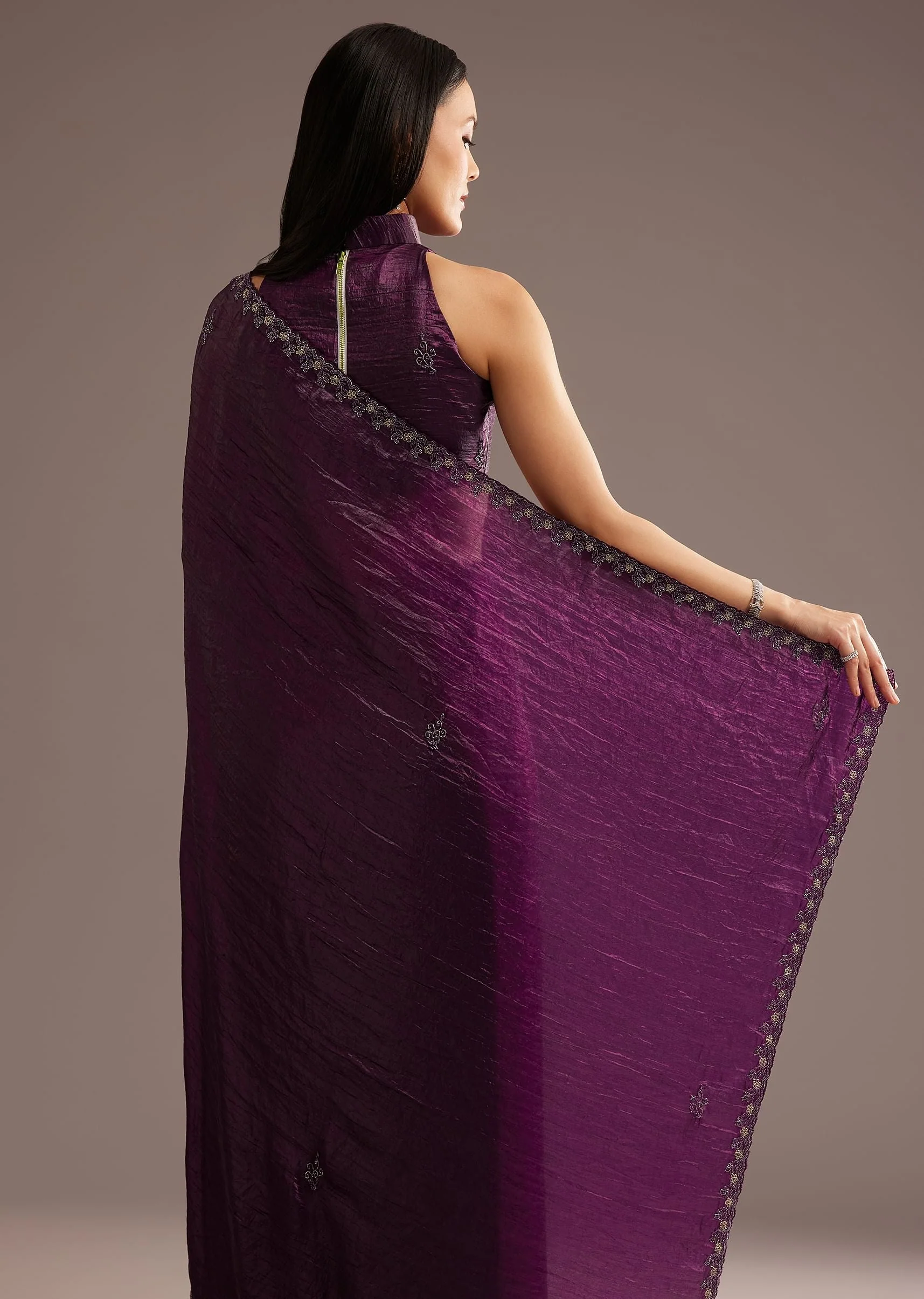 Wine Crushed Tissue Silk Saree With Cutdana Scallop Border - Image 4