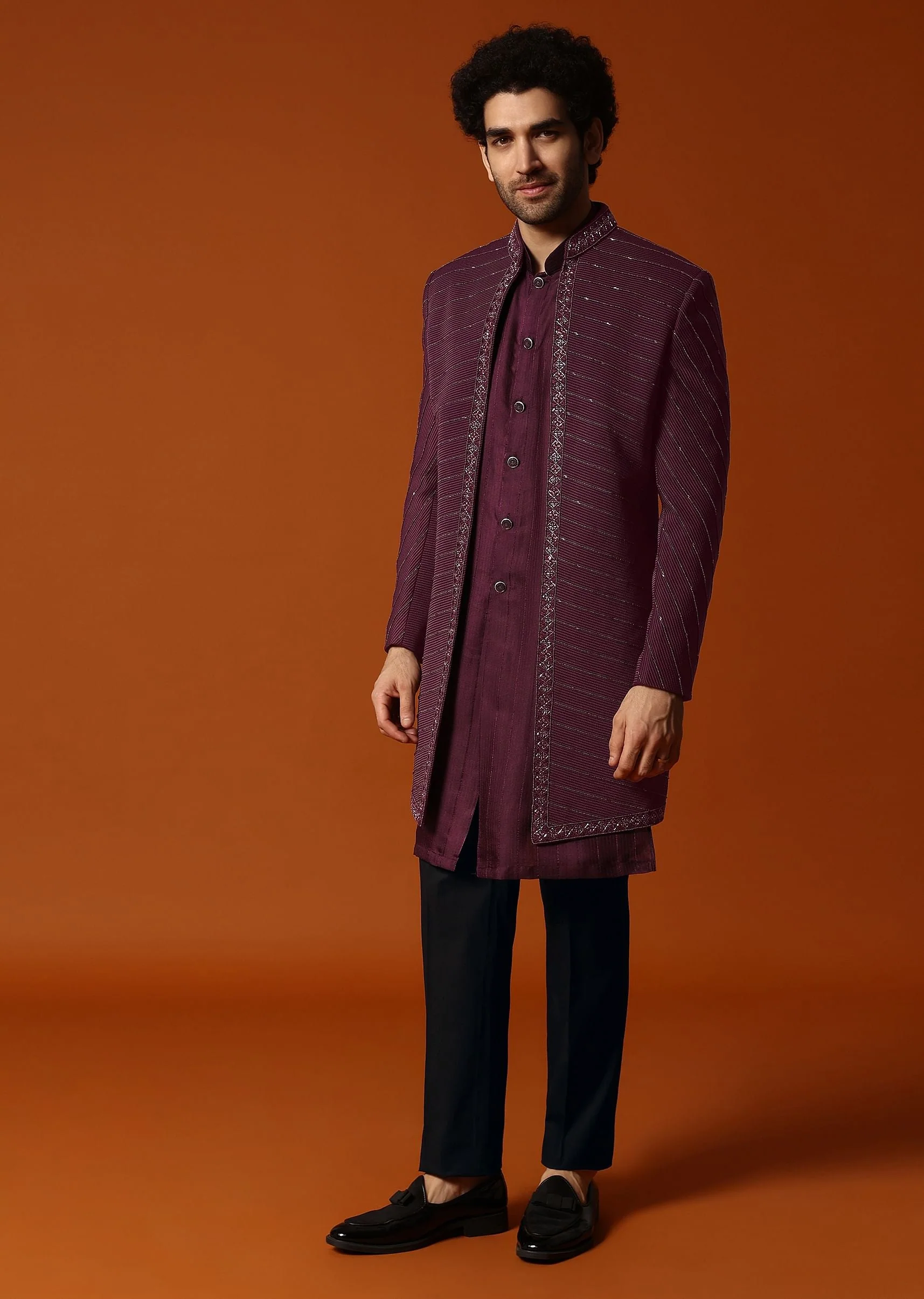 Wine Cutdana Embroidered Sherwani Set For Men - Image 2