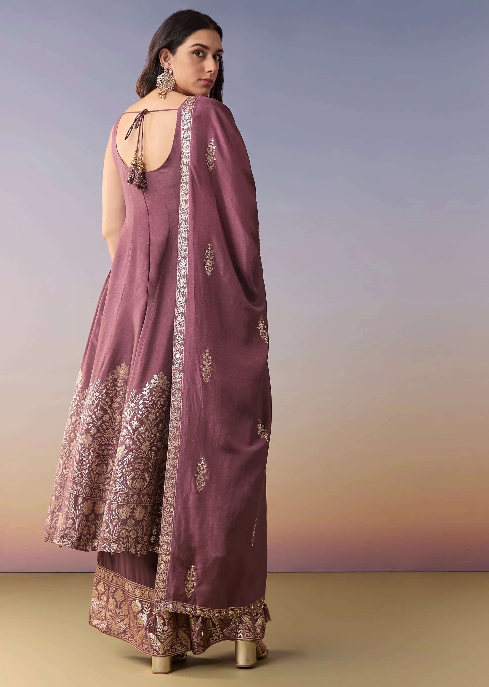 Wine Embellished Anarkali Suit Set With Pant And Dupatta - Image 5