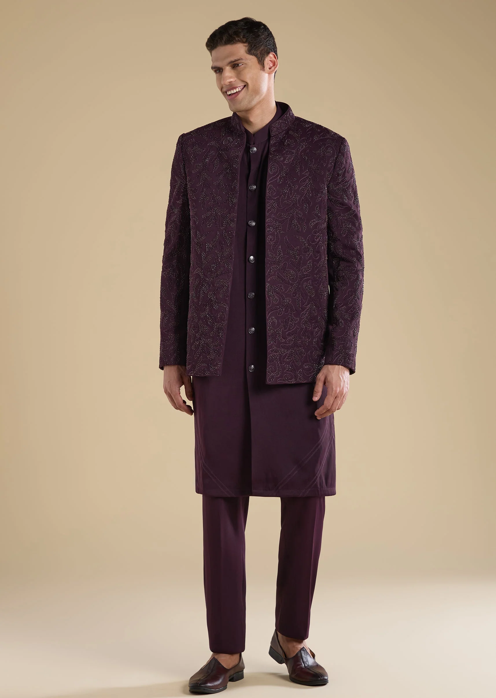 Wine Embellished Jodhpuri Set With Kurta And Pants - Image 3