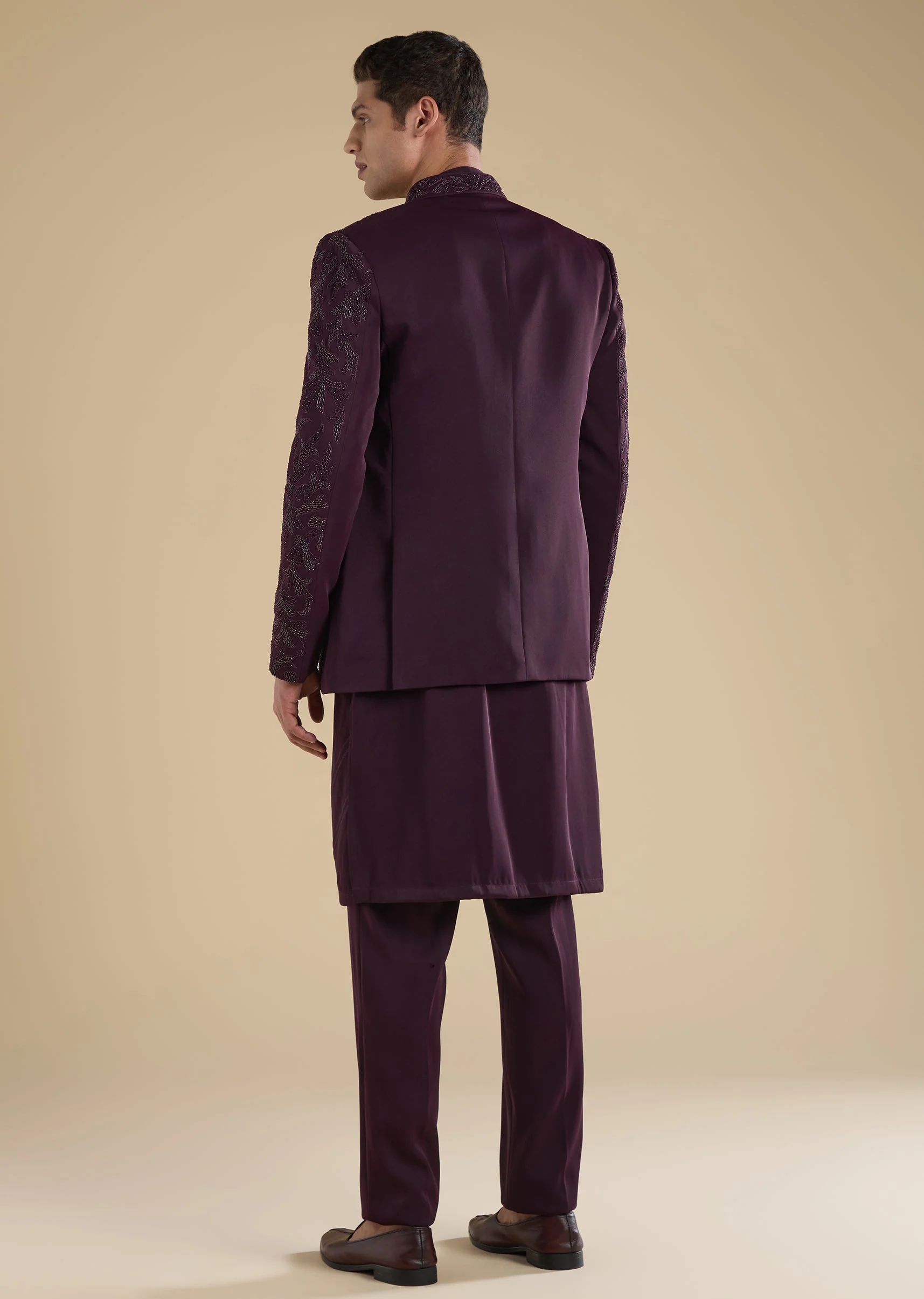 Wine Embellished Jodhpuri Set With Kurta And Pants - Image 5