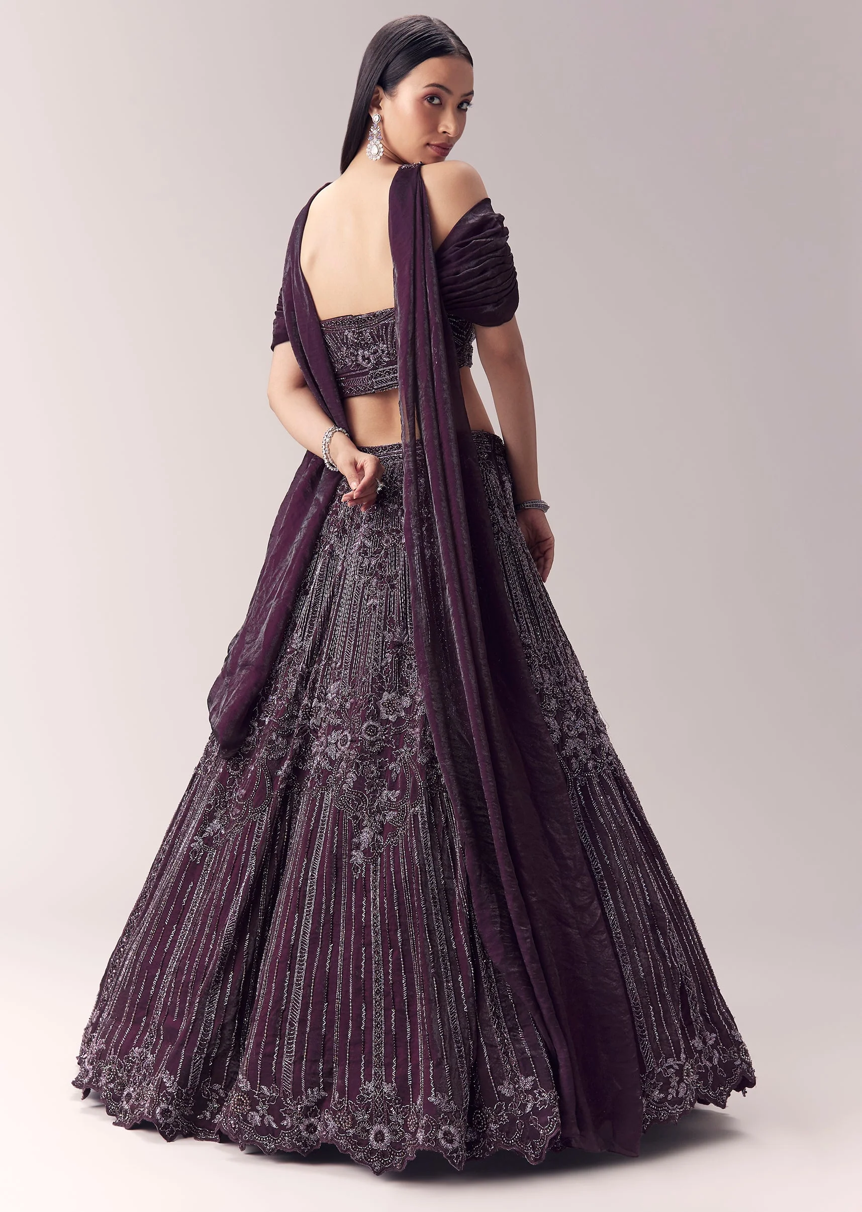 Wine Embellished Lehenga and Choker Dupatta Blouse - Image 2