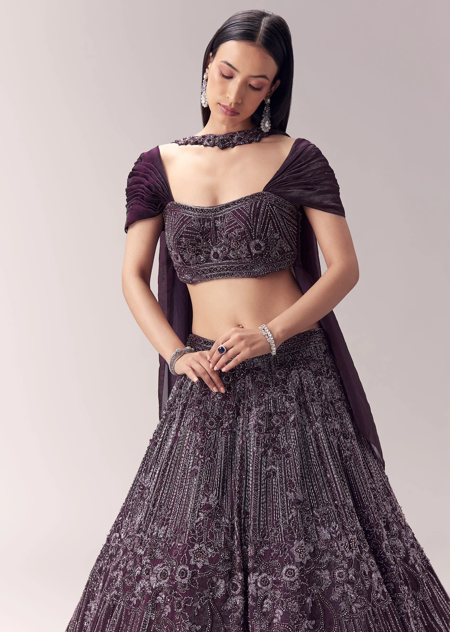 Wine Embellished Lehenga and Choker Dupatta Blouse - Image 6