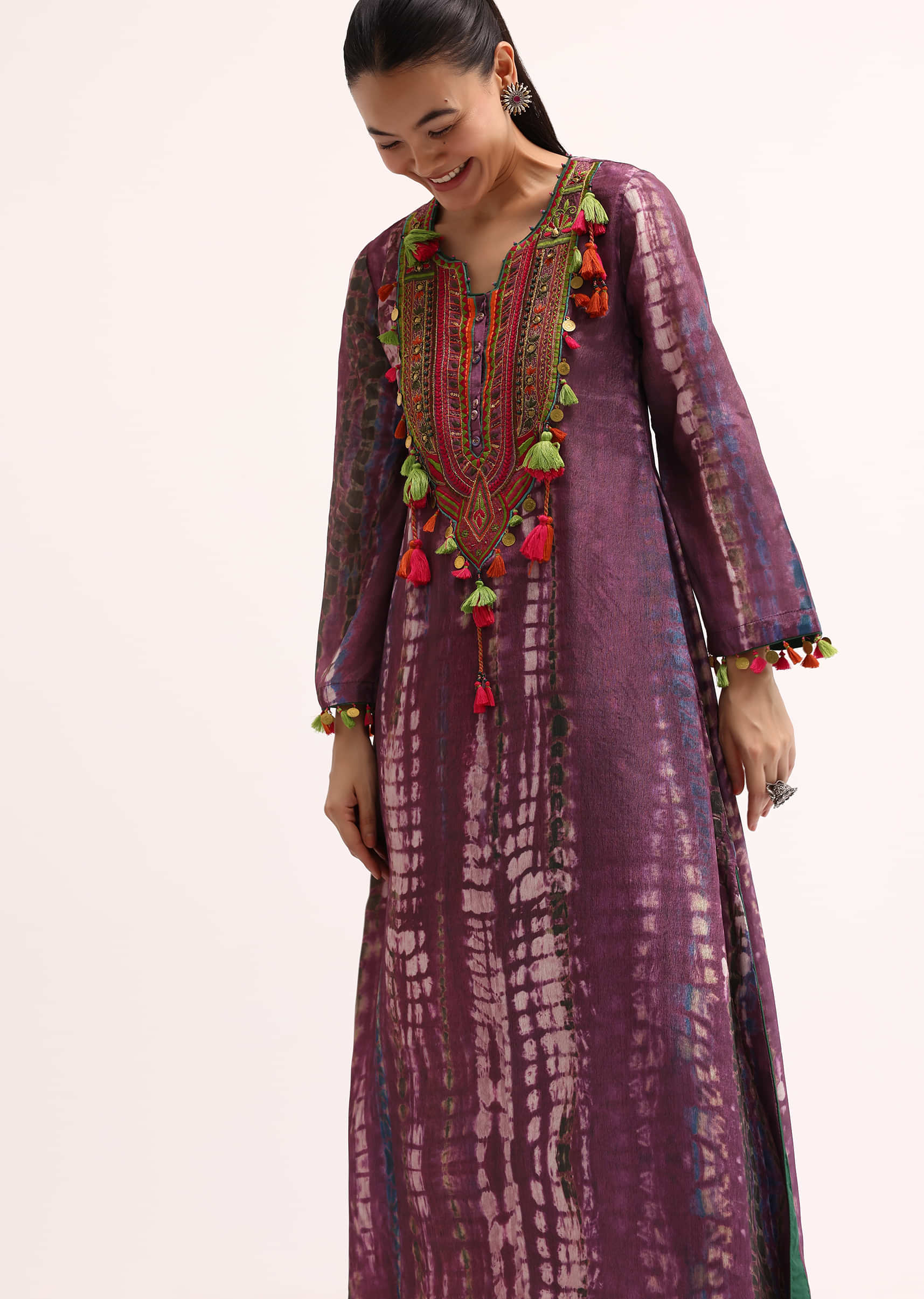 Wine Embroidered Crepe Kurta And Pant - Image 4