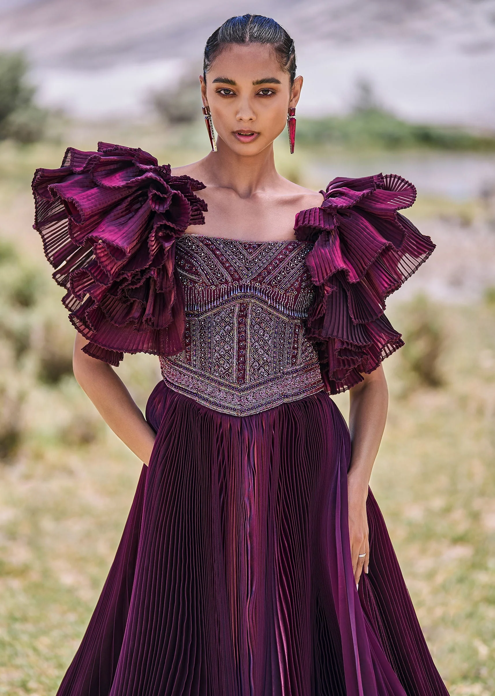 Wine Embroidered Flared Pleated Gown With Ruffle Sleeves - Image 2