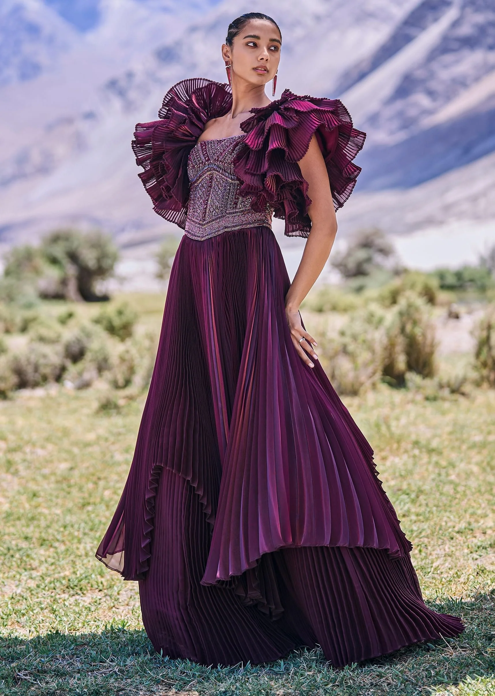 Wine Embroidered Flared Pleated Gown With Ruffle Sleeves - Image 3