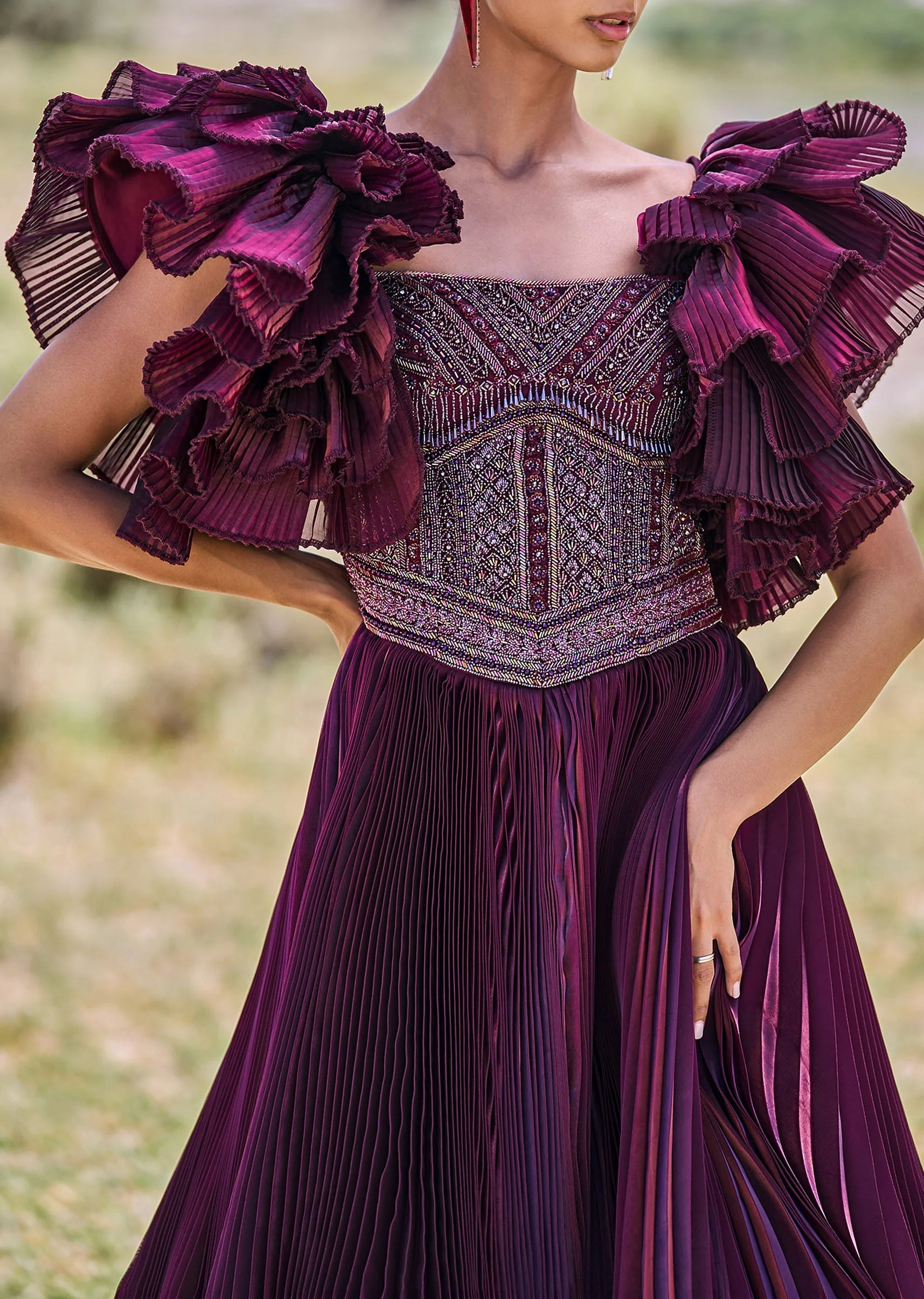 Wine Embroidered Flared Pleated Gown With Ruffle Sleeves - Image 4