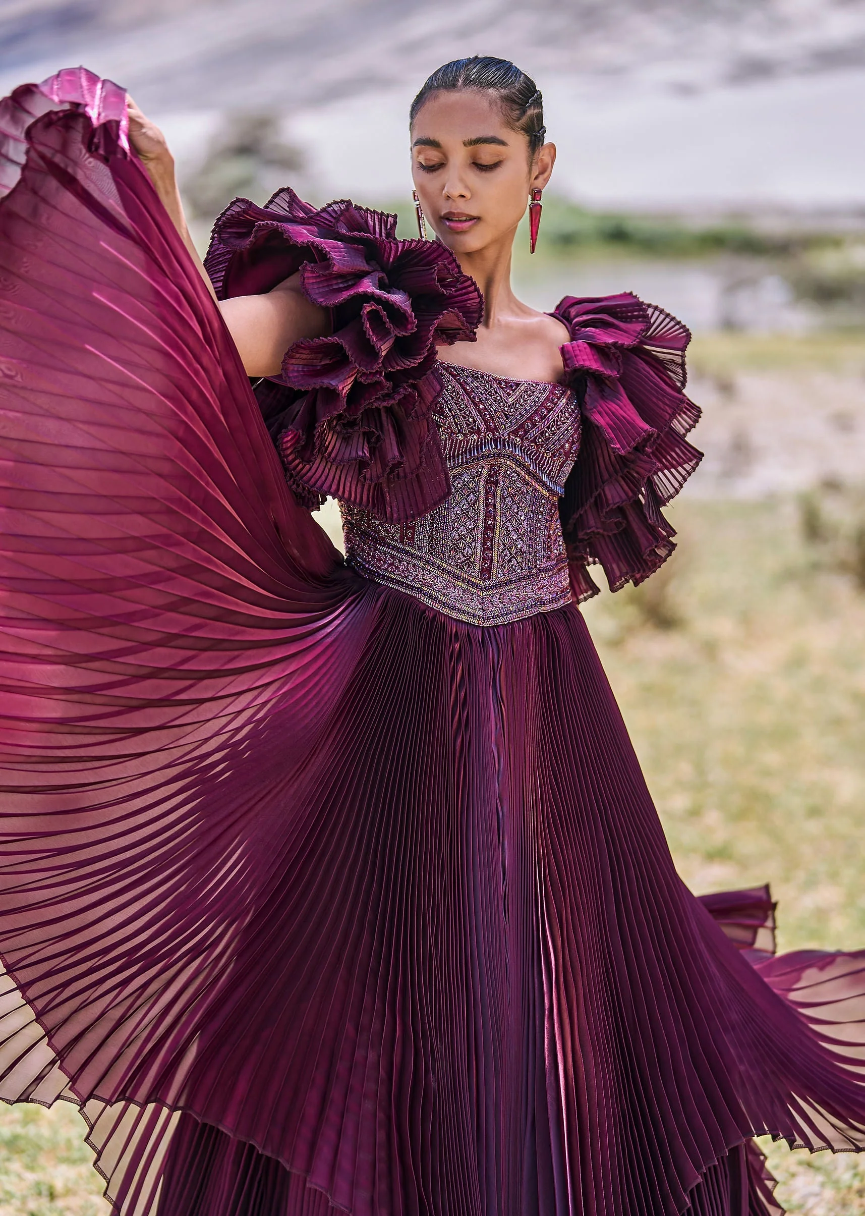 Wine Embroidered Flared Pleated Gown With Ruffle Sleeves - Image 5