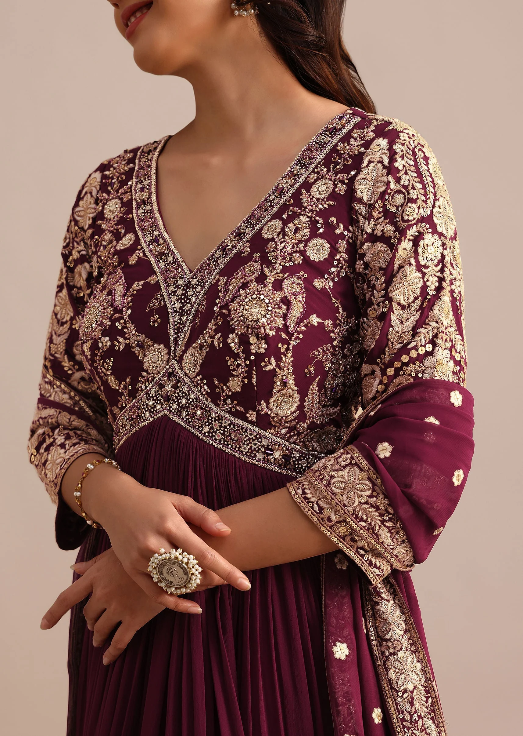 Wine Embroidered Georgette Anarkali Suit - Image 2